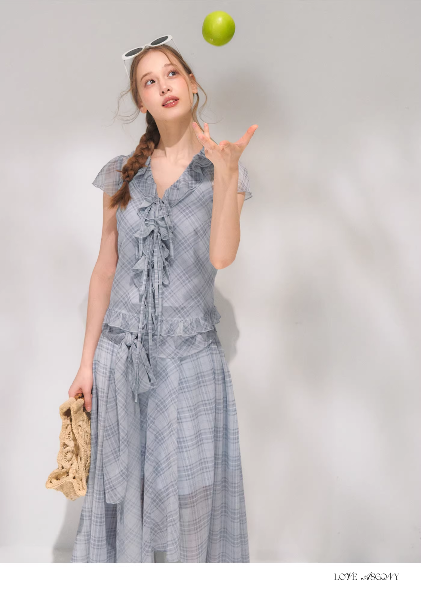 AsGony ASG26065&ASG26066 Tie up plaid chiffon top + skirt