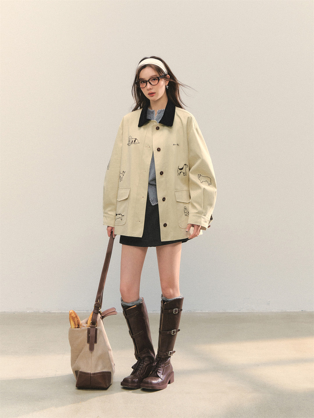 AsGony ASG25328 Puppy embroidered patchwork windbreaker jacket