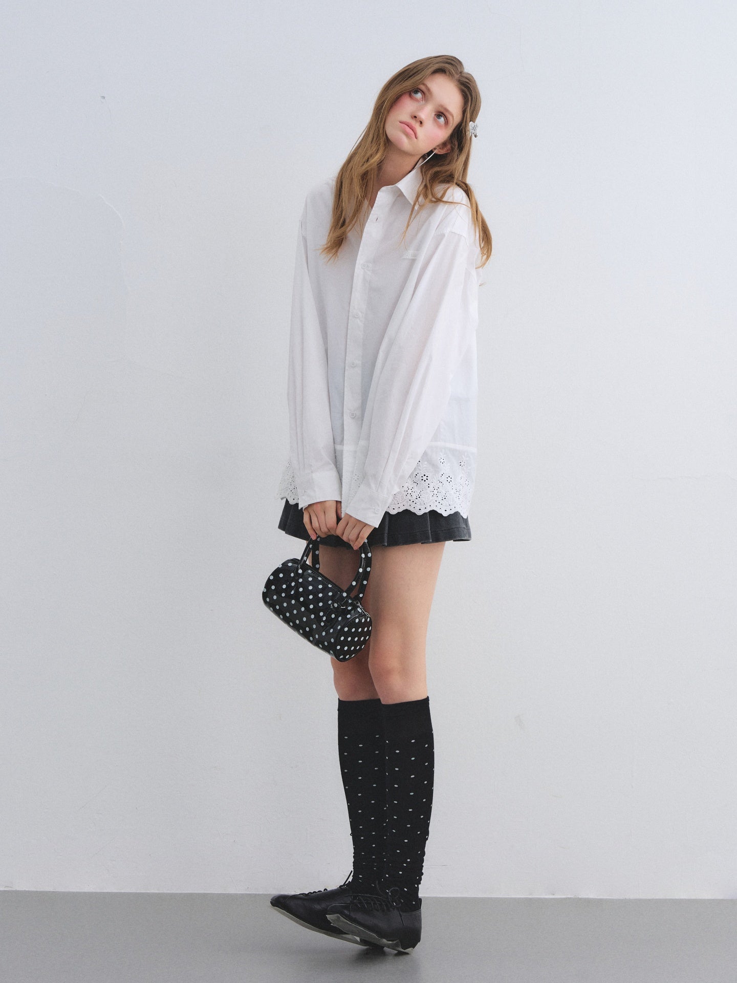 AsGony ASG25654 Hollow embroidery patchwork shirt