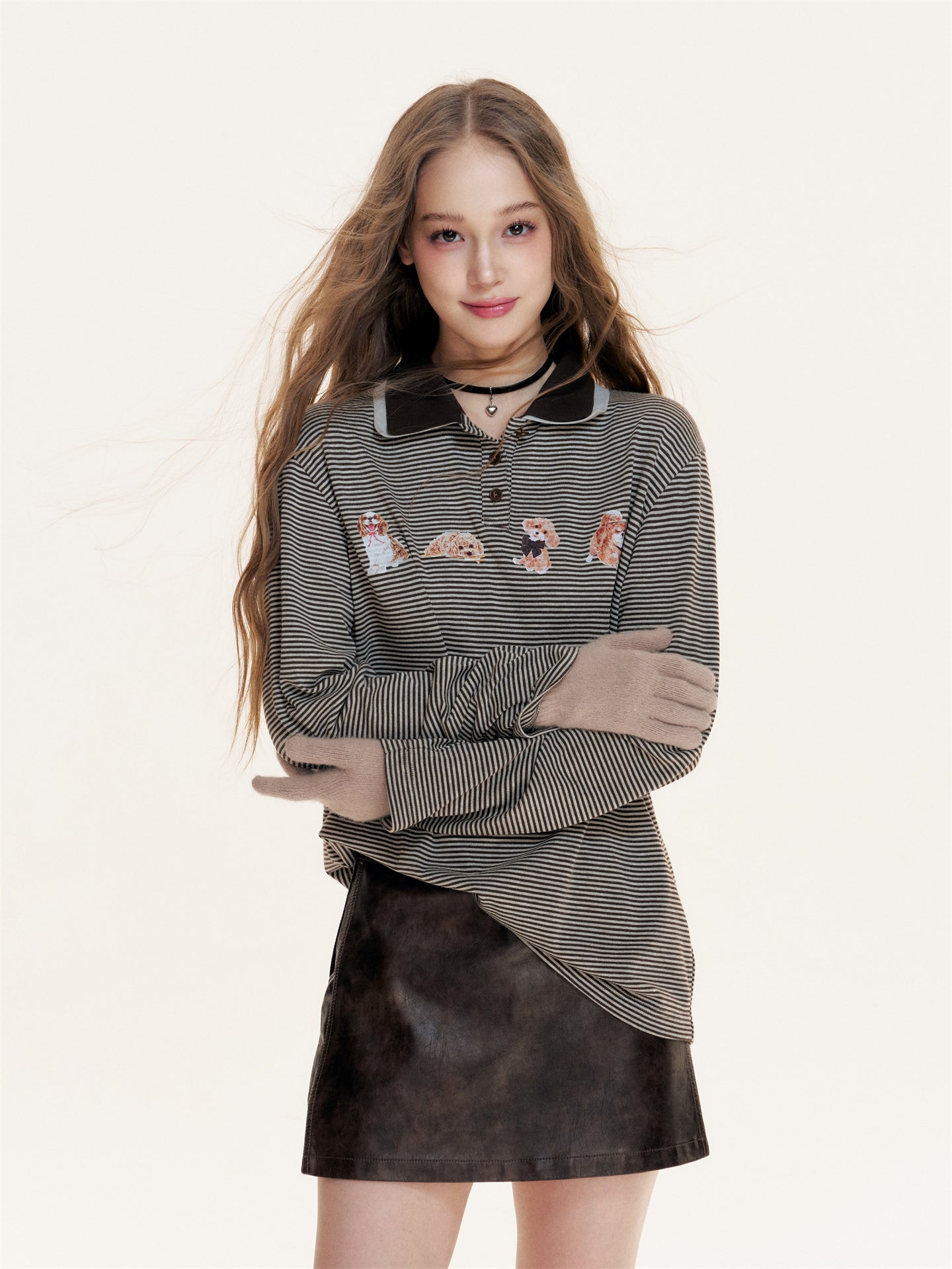 16DEWS 16D25403 Dog print double-layer collar design striped top