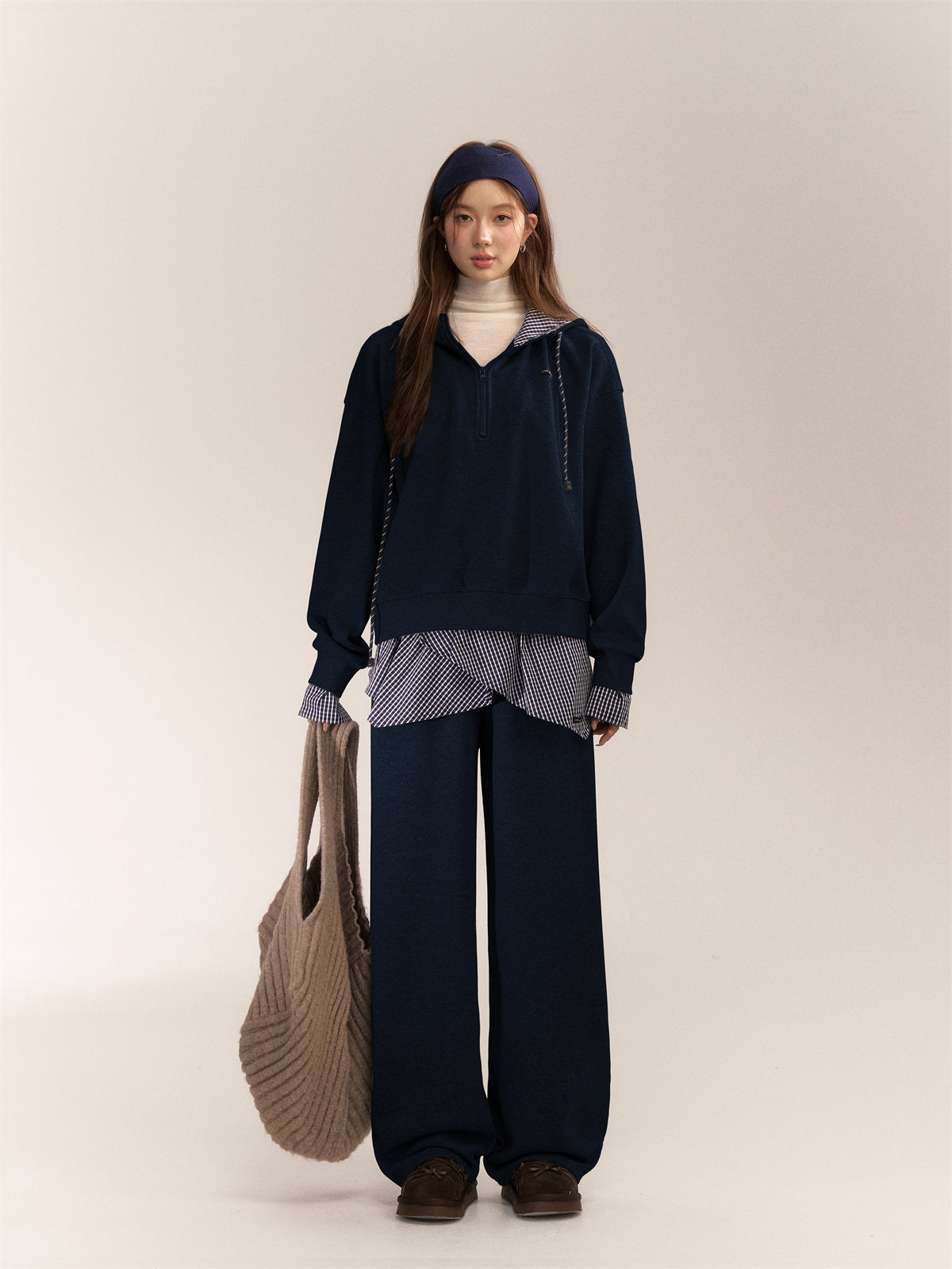 AsGony ASG24641 & ASG2642 Splicing plaid hoodie + loose pants set