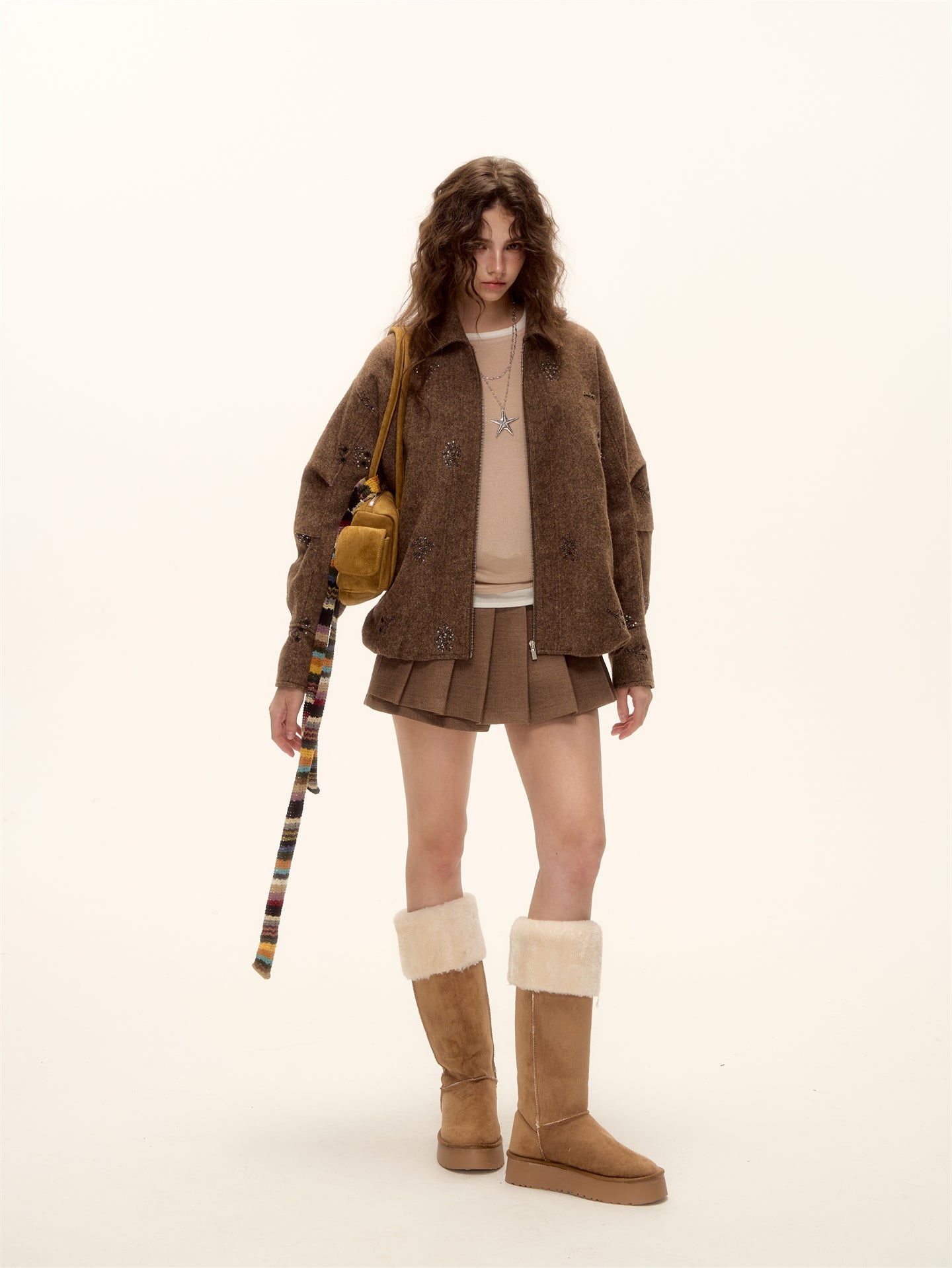 AsGony ASG25497 Bead embroidery plaid splicing flower bud wool jacket