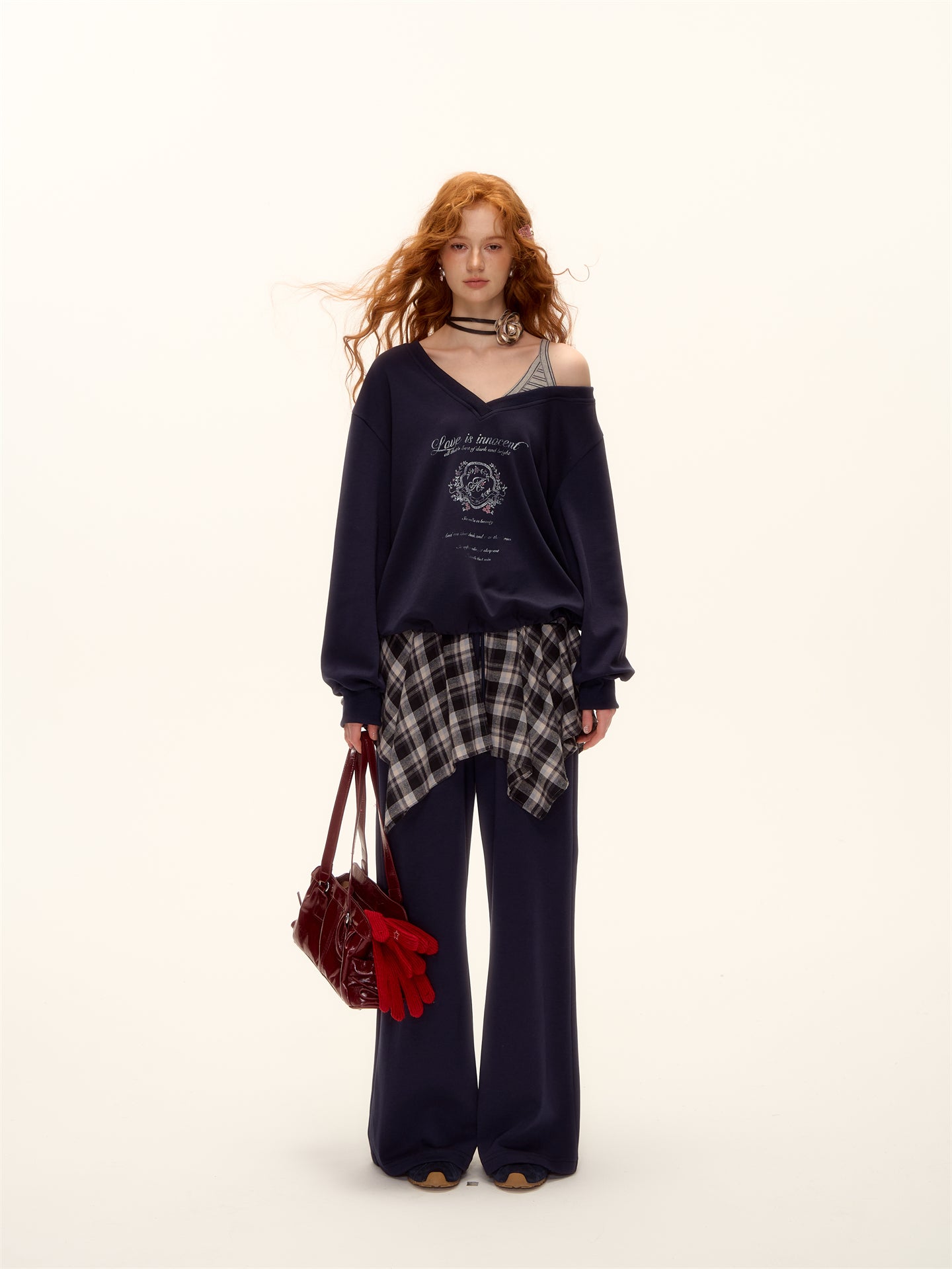 AsGony ASG25504&ASG25505 Oversized striped patchwork printed sweatshirt + pants set