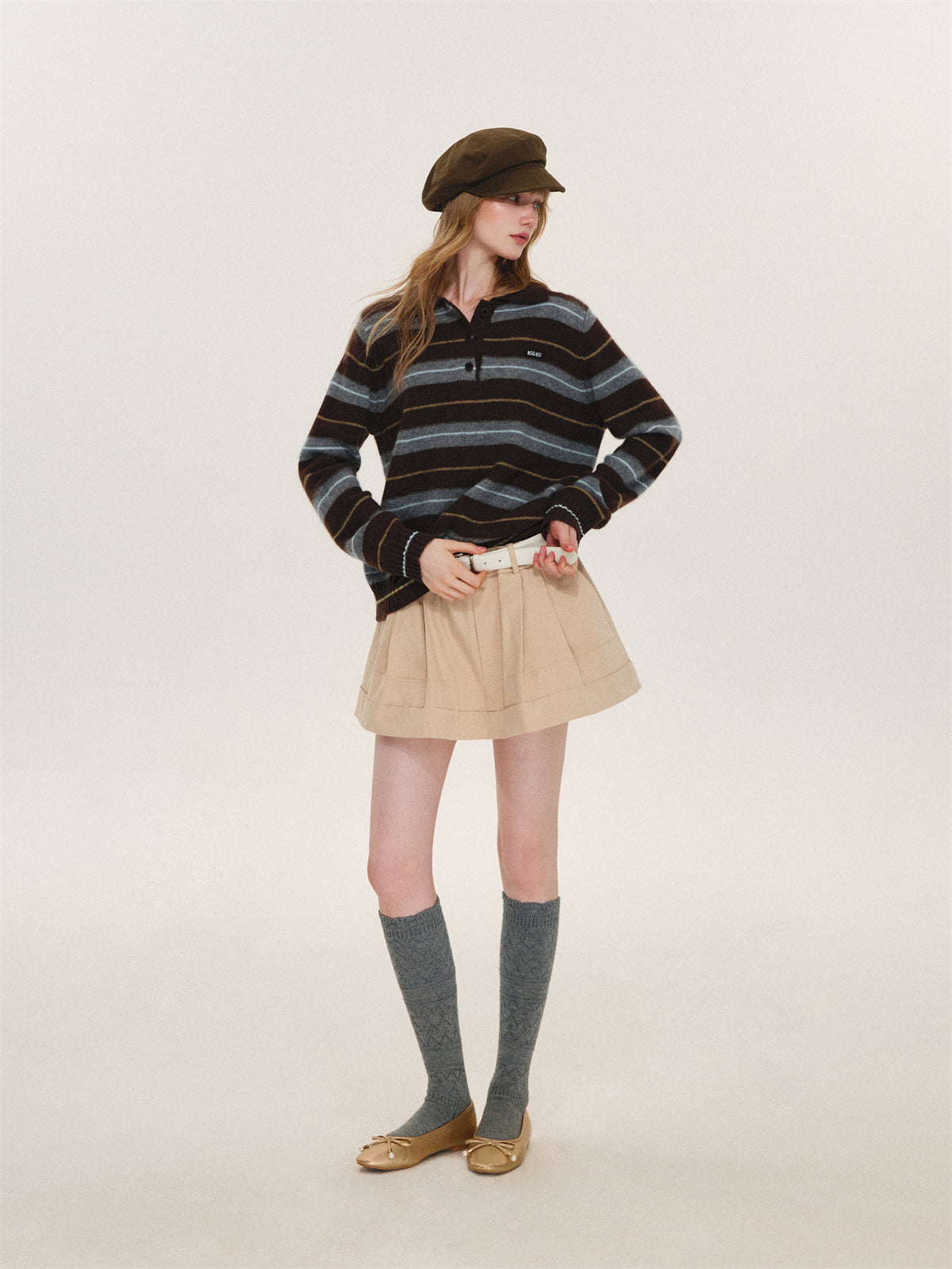 Asgony ASG26597 Striped Collared Knit Polo Shirt