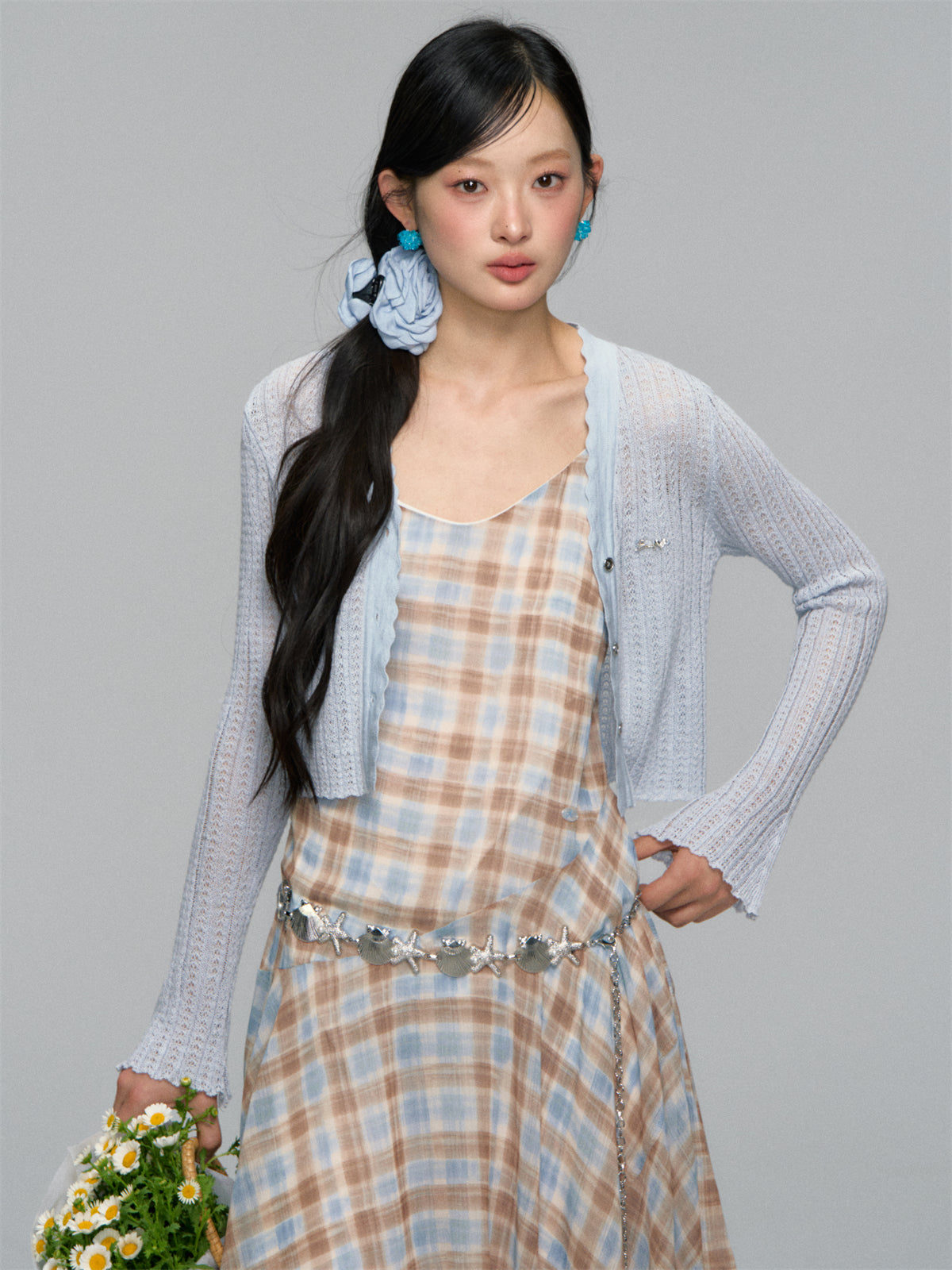 AsGony ASG25159 Irregular plaid camisole ruffle edge dress