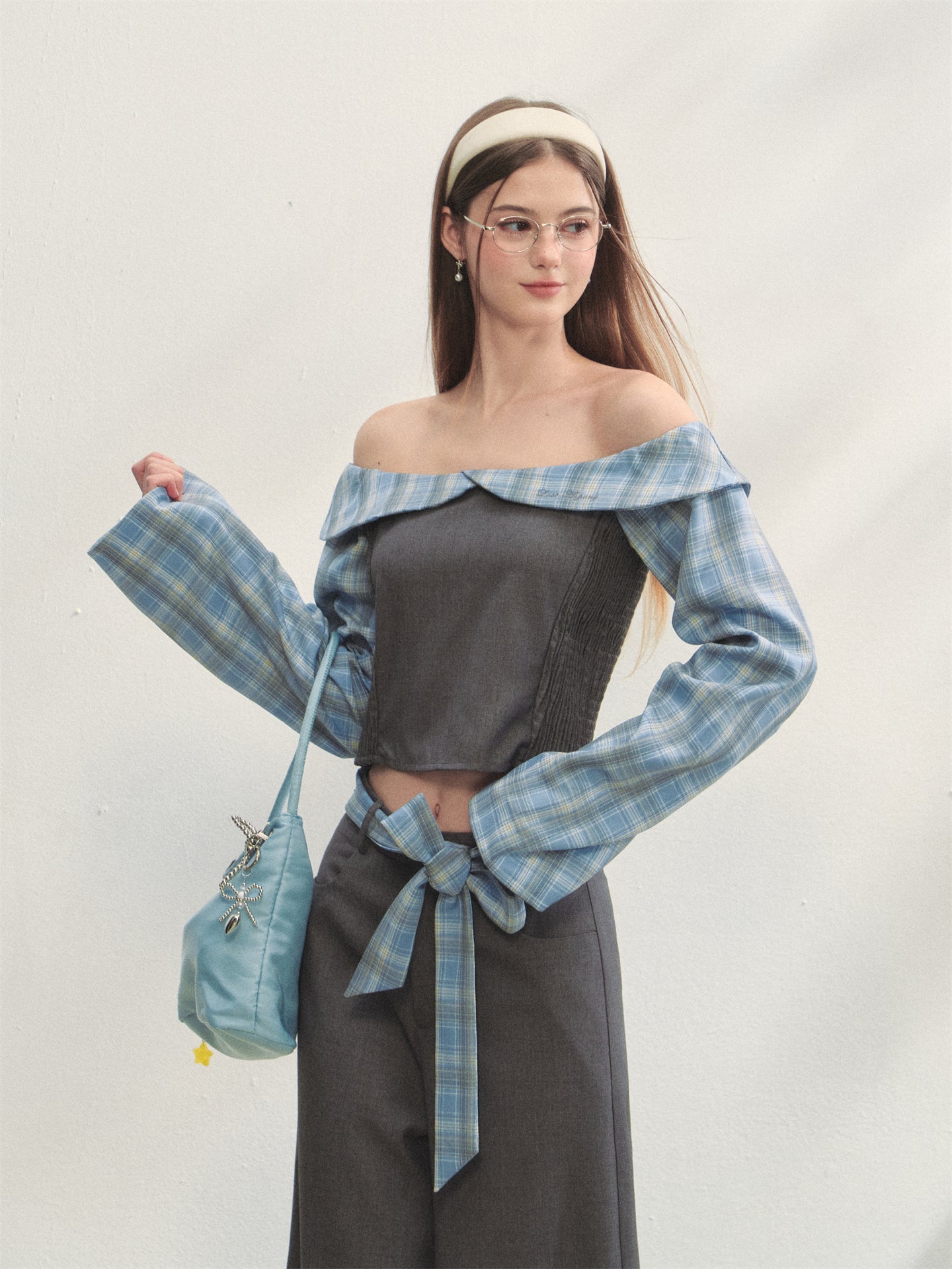 AsGony ASG25263&ASG25264 Plaid patchwork off-shoulder top + pants set