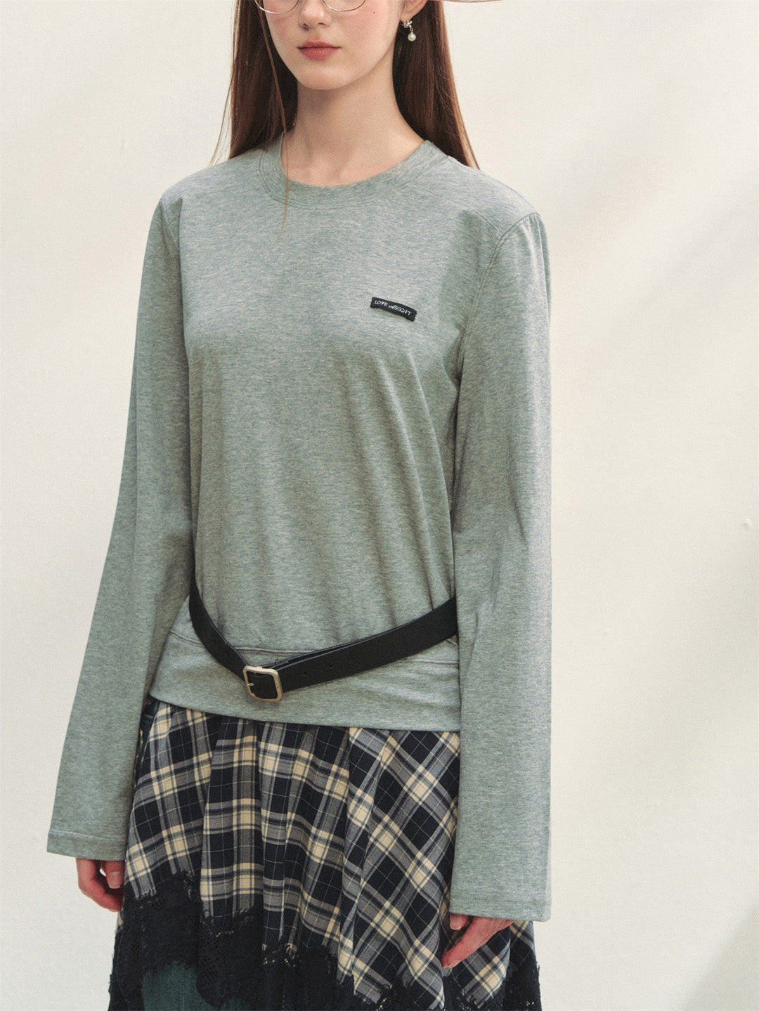 AsGony ASG25314 Plaid lace patchwork long sleeved knitted dress