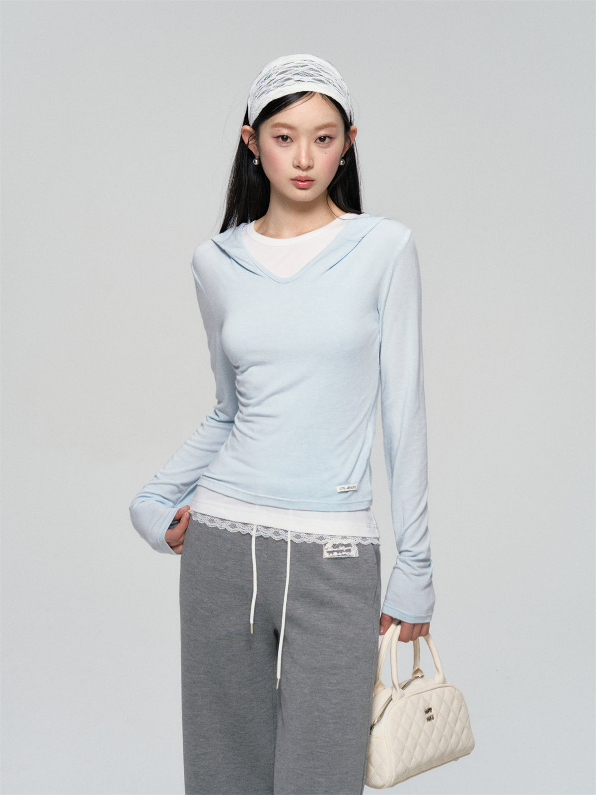 AsGony ASG25066 Lace patchwork two piece slim fit base top