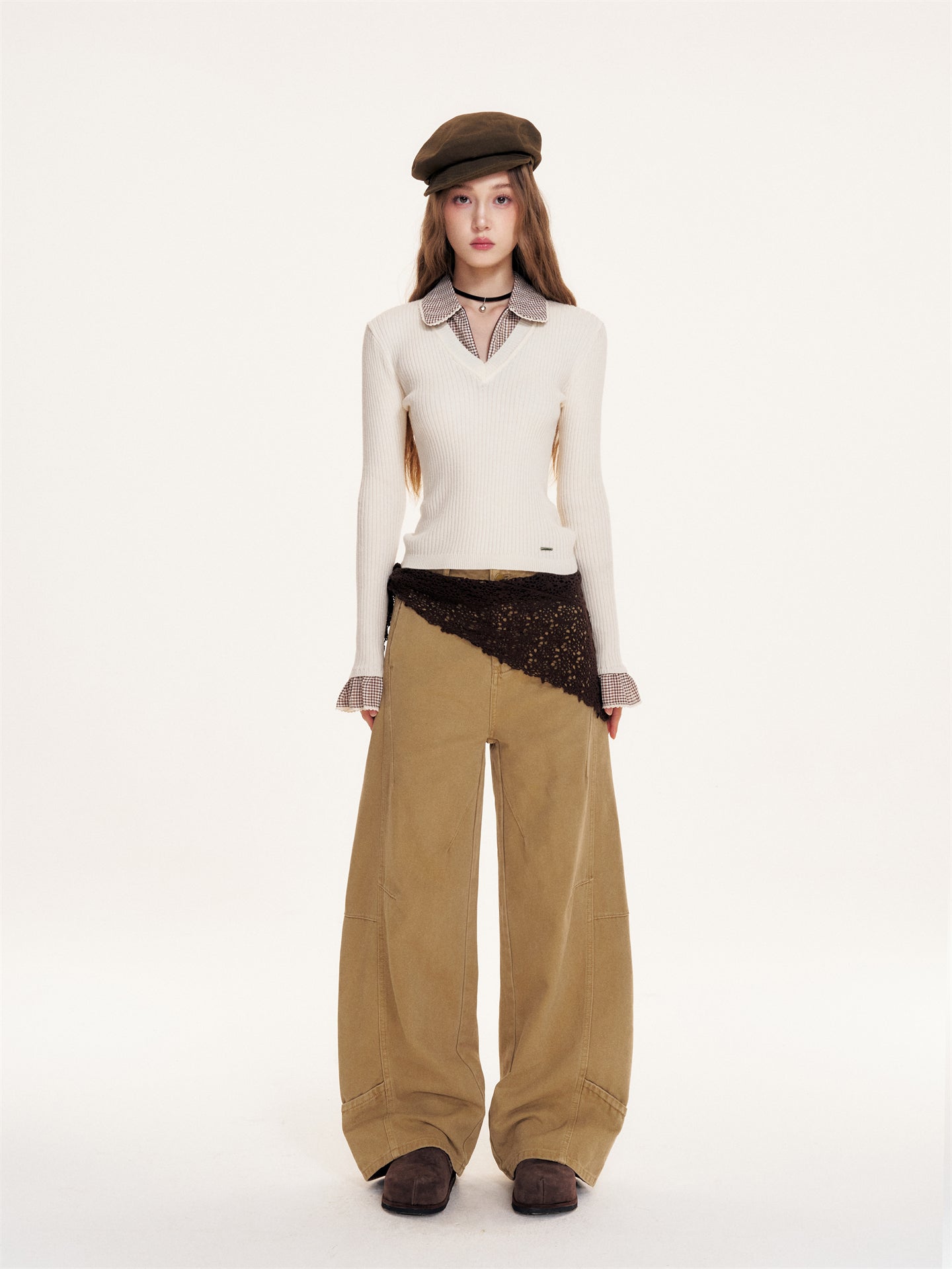 16DEWS 16D25405 Plaid contrasting splicing fake two-piece knitted top