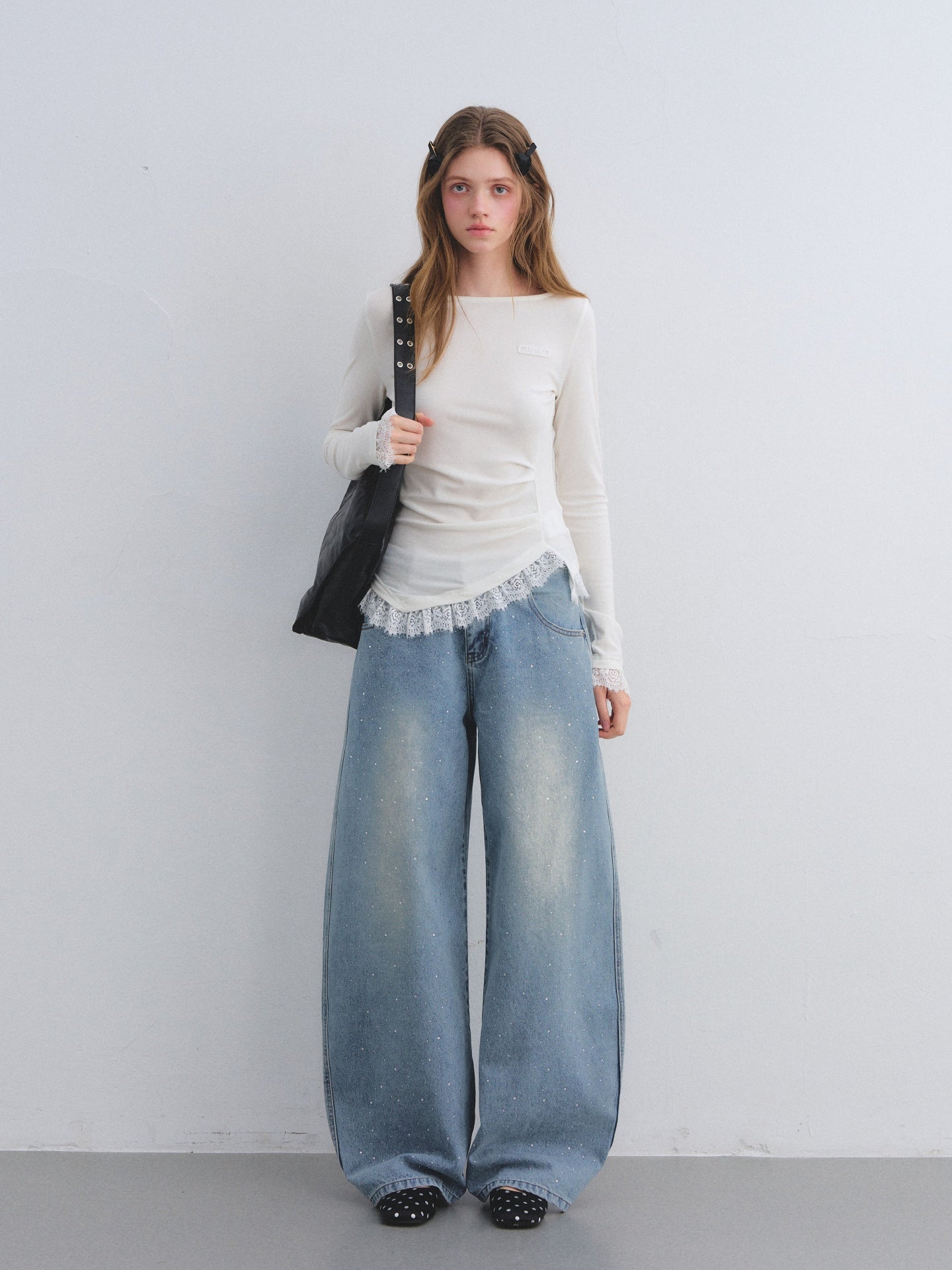 AsGony ASG25680 Irregular lace patchwork waistband bottom top