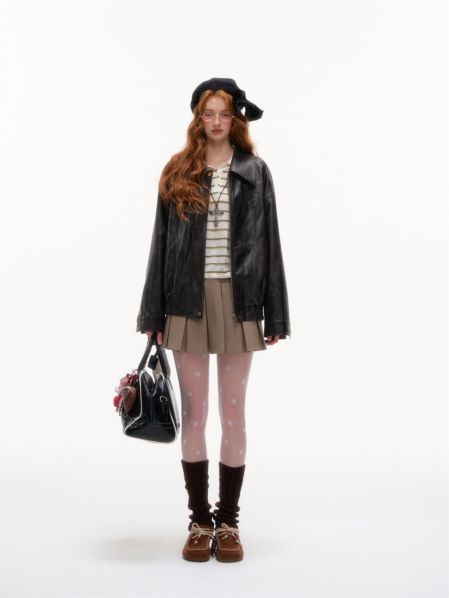 AsGony ASG25389 Bow collar loose jacket leather jacket