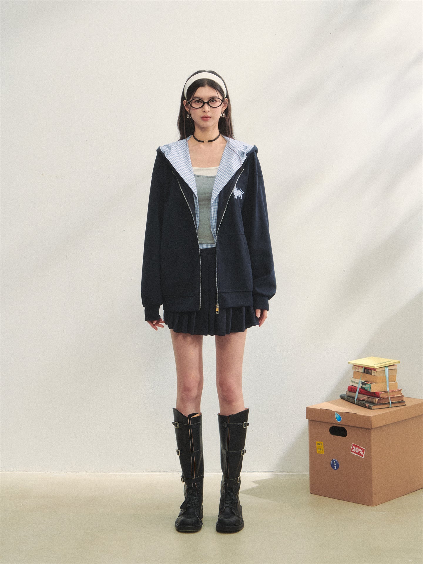 AsGony ASG25269 Detachable plaid strap hooded jacket