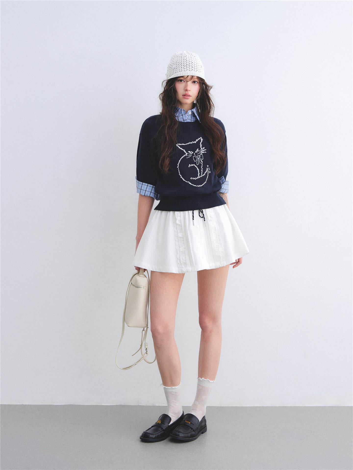 AsGony ASG26005 Round-neck jacquard cat print short-sleeved knit pullover