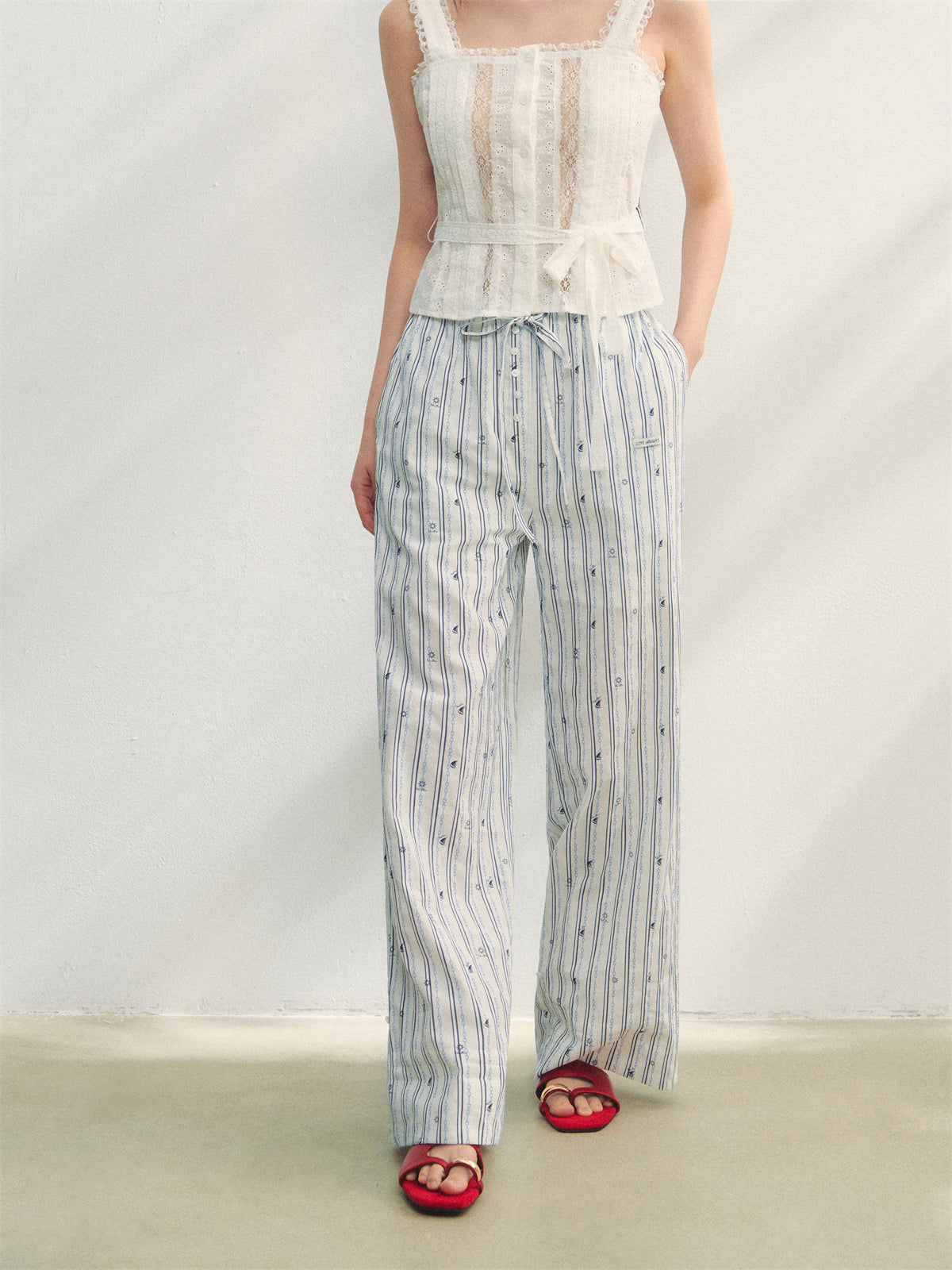 AsGony ASG25201 Striped printed patchwork embroidered lace pants