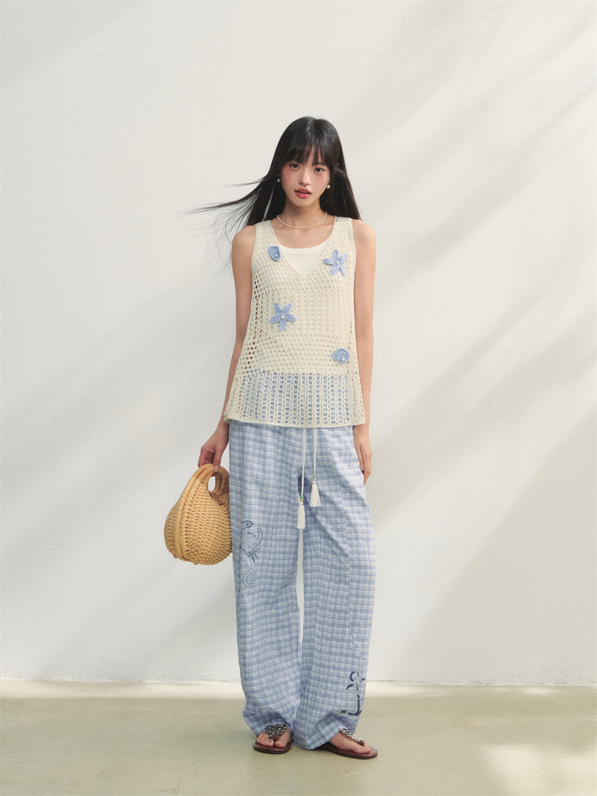 AsGony ASG25232 Ocean style printed lace up pants