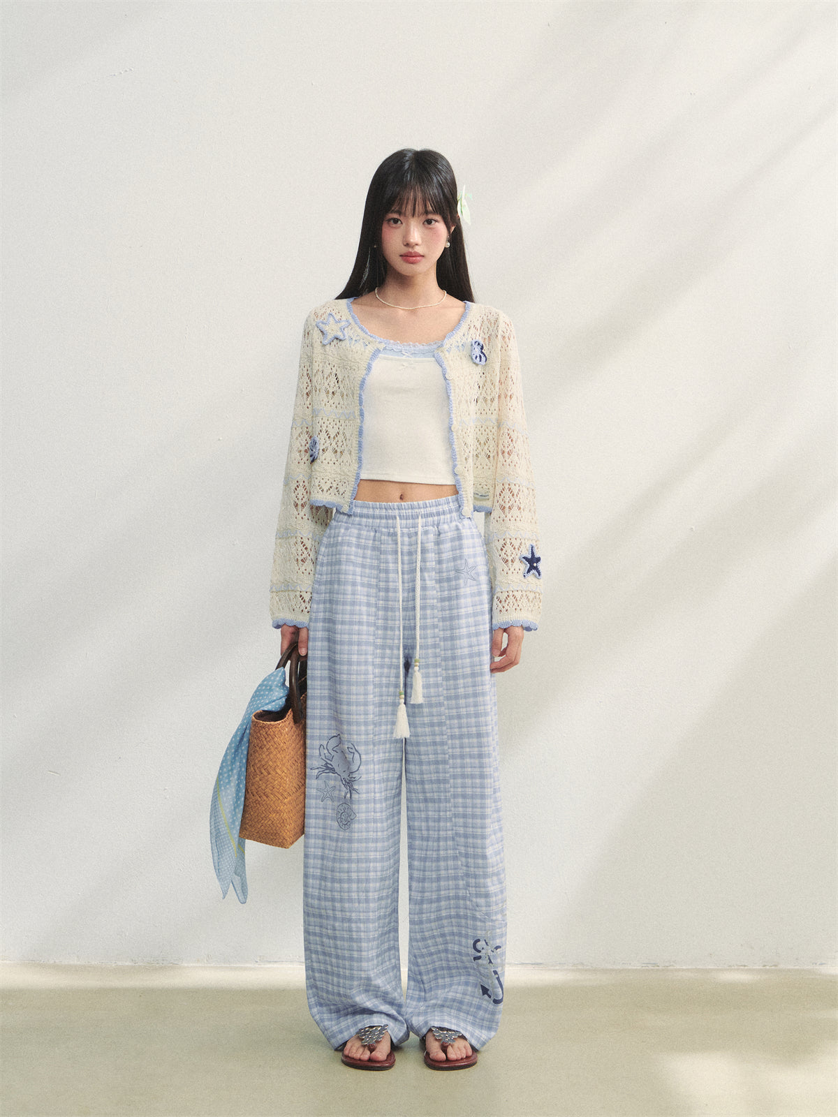 AsGony ASG25233 Ocean style hollow knitted pearl cardigan