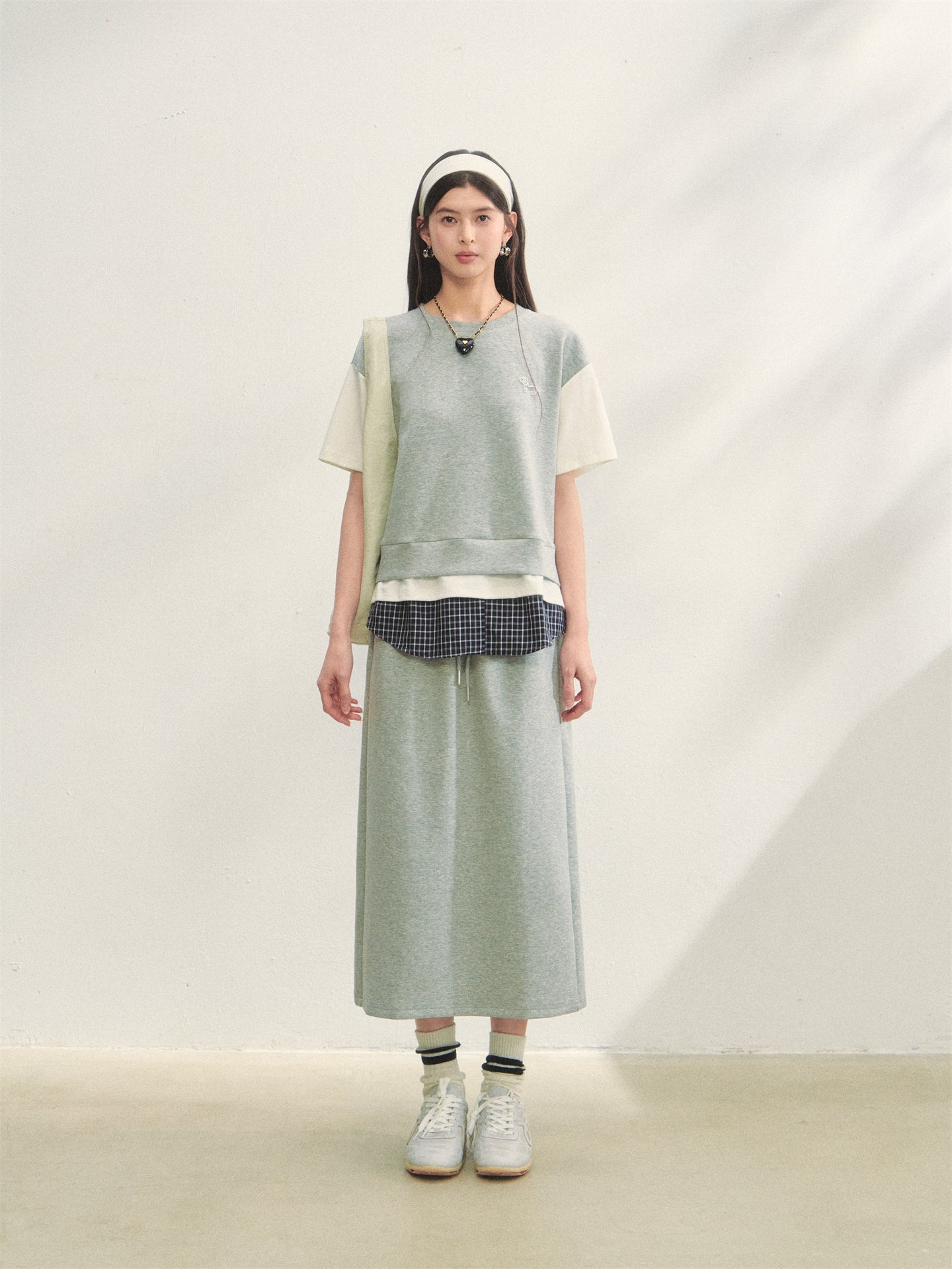 AsGony ASG25267 Plaid patchwork short sleeved top + skirt set (2color)
