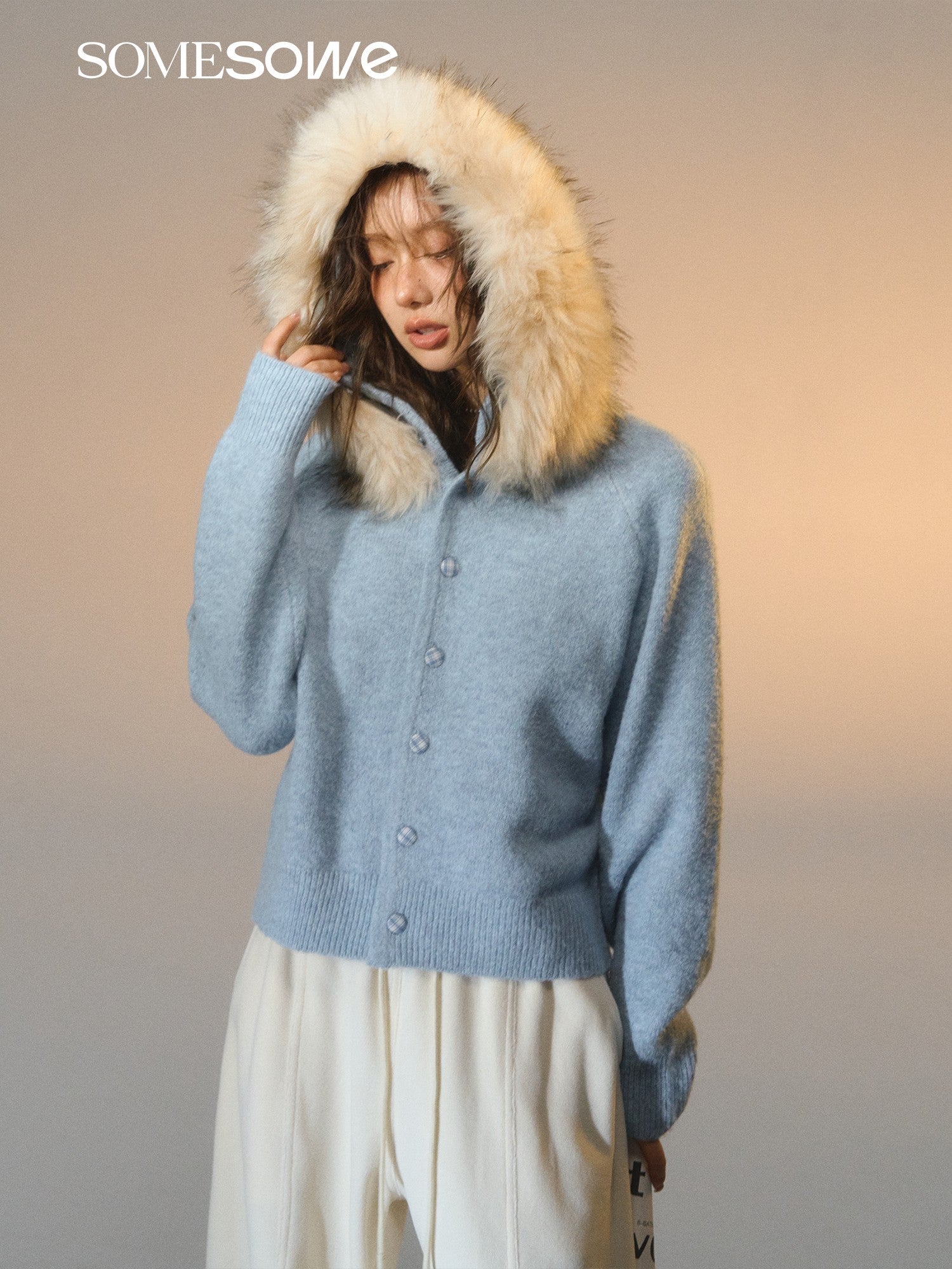 SOMESOWE S2508279 Detachable wool collar cowhide hooded cardigan
