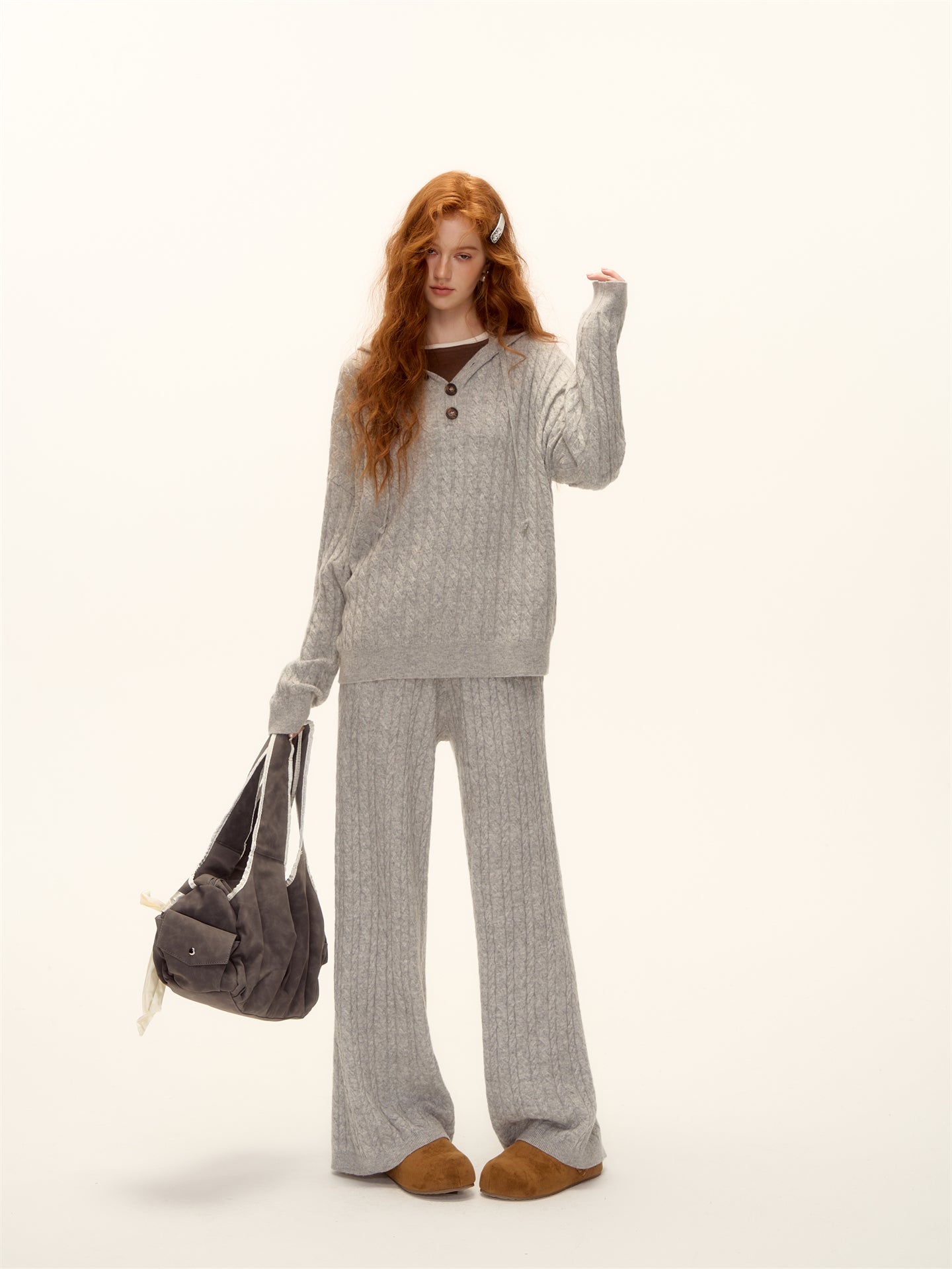 AsGony ASG25490&ASG25521 Wool pullover hooded button twisted knit sweater + pants