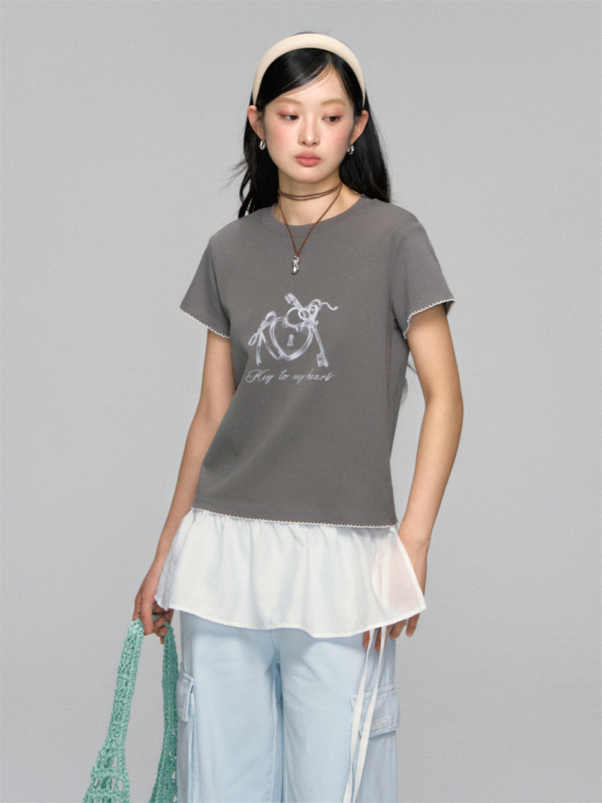 AsGony ASG25151 Printed border loose T-shirt (2color)