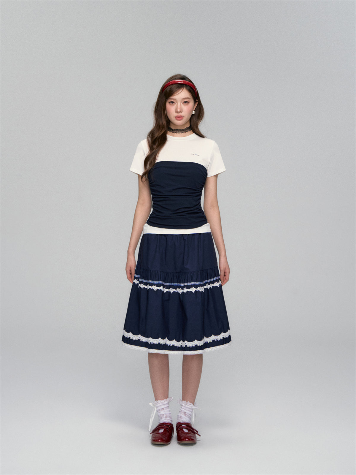 AsGony ASG25108 Fake two piece slim fit short sleeved top (2color)