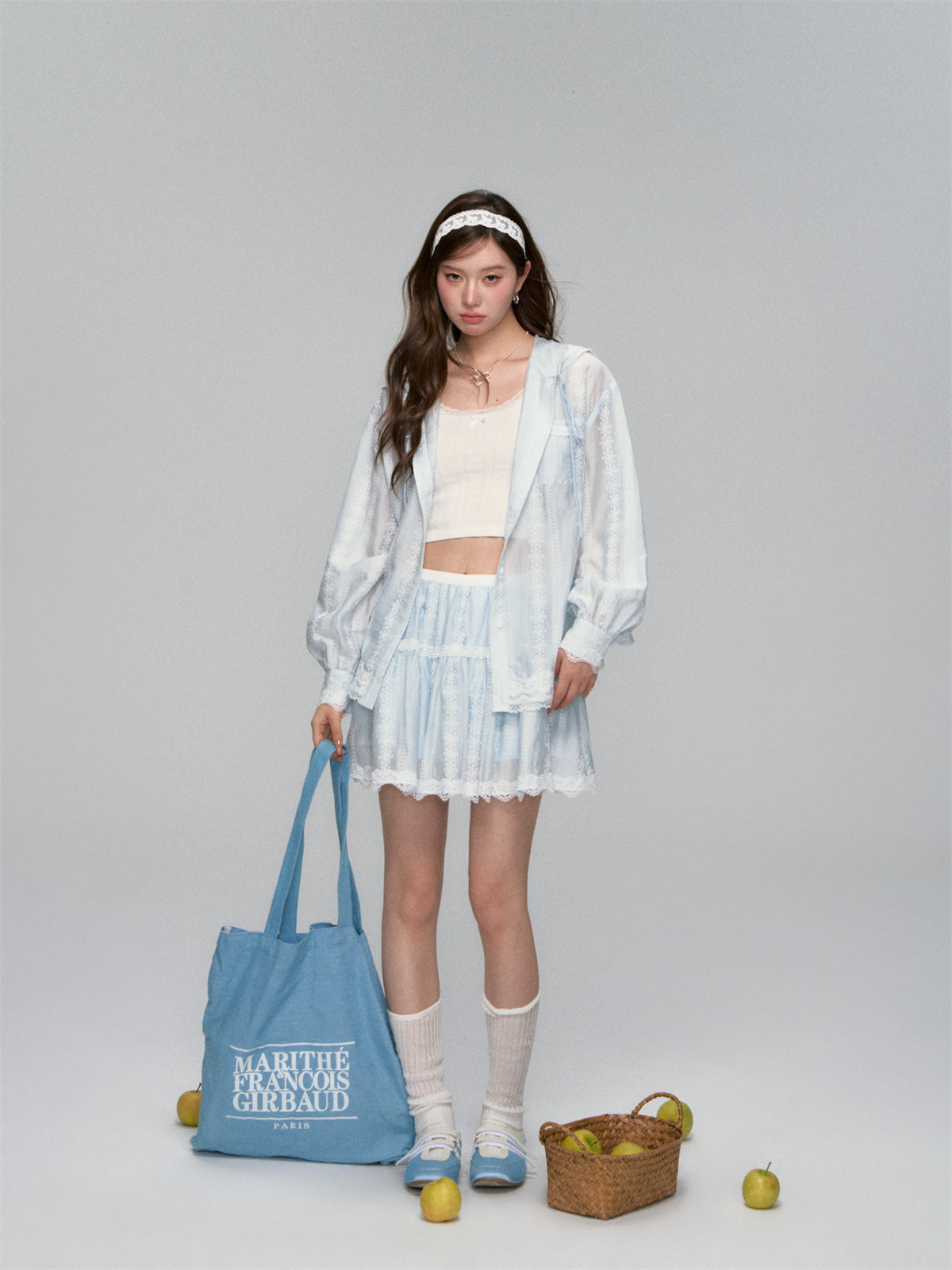AsGony ASG25118&ASG25119 Floral texture patchwork lace hooded jacket + skirt set (seperate)