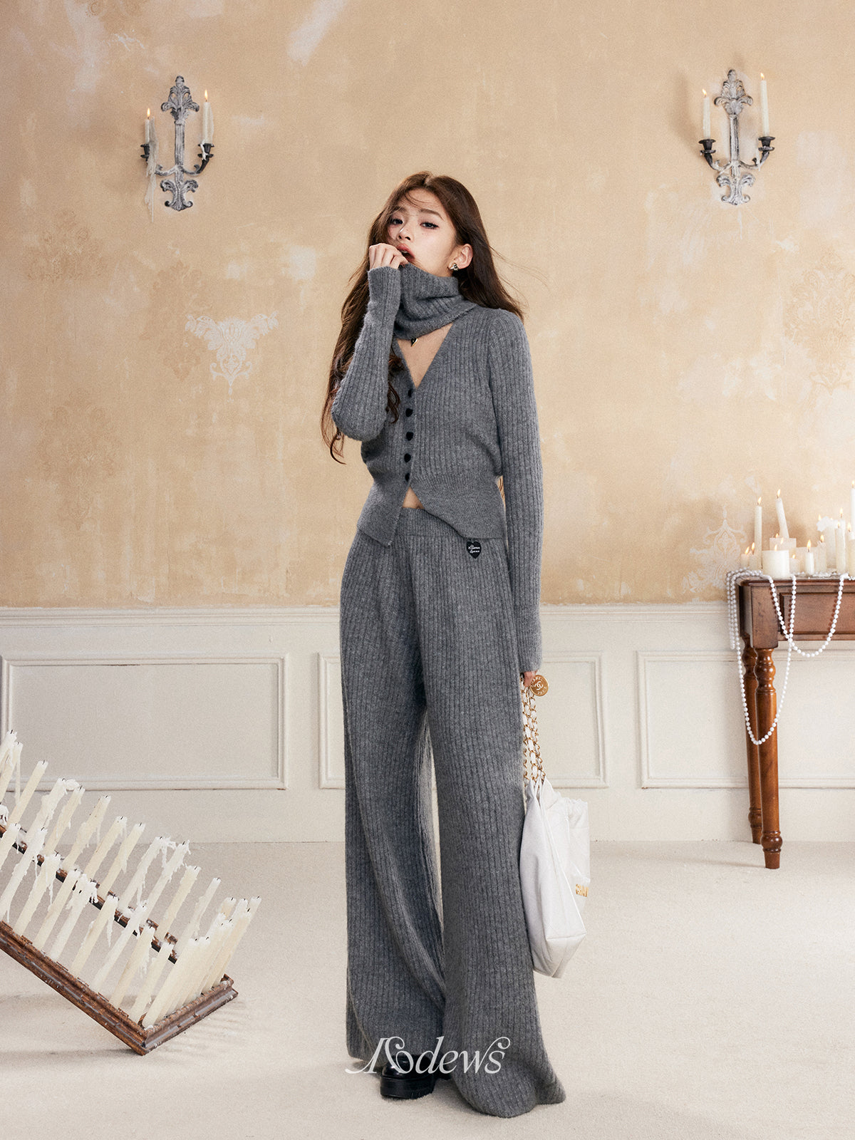 16DEWS 16D23333 V-neck knitted cardigan + pants set (2color)