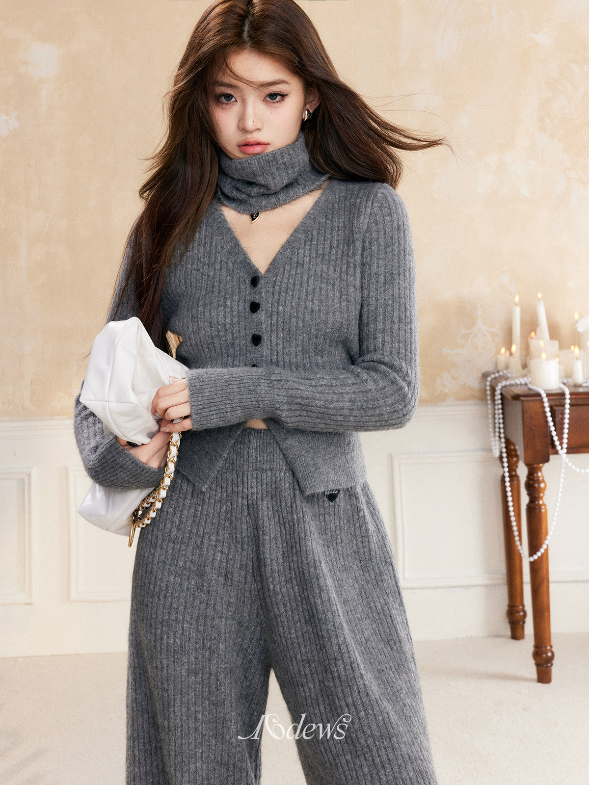 16DEWS 16D23333 V-neck knitted cardigan + pants set (2color)
