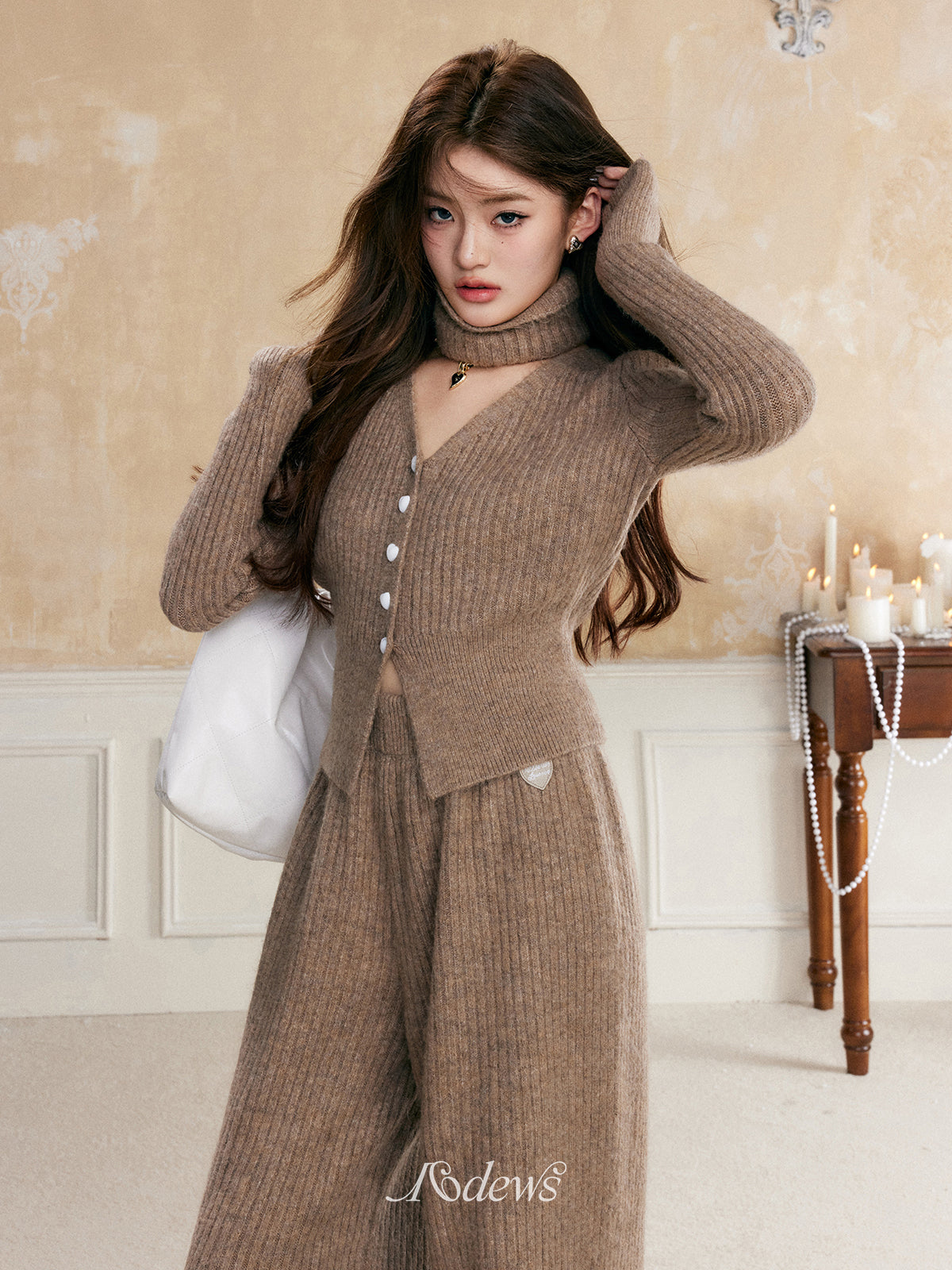 16DEWS 16D23333 V-neck knitted cardigan + pants set (2color)