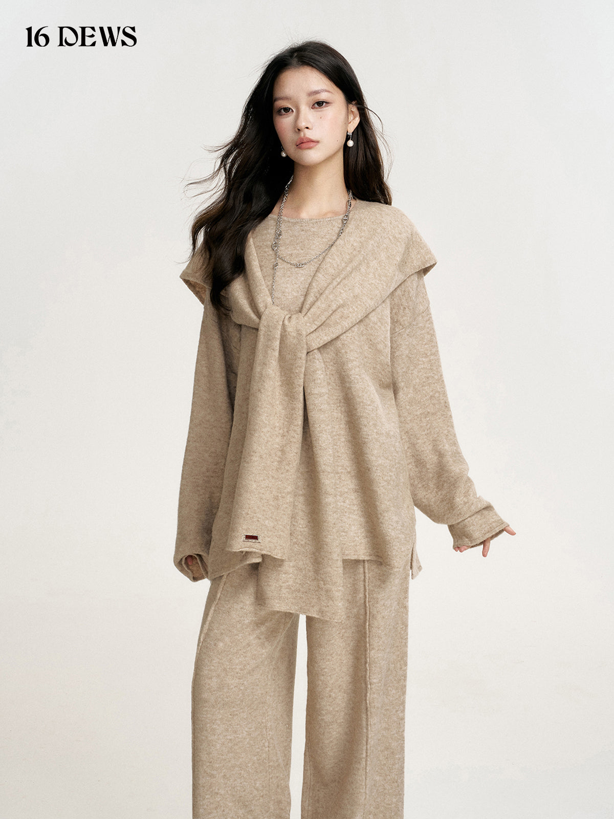 16DEWS 16D24351 Shawl wool knitted top + pants set