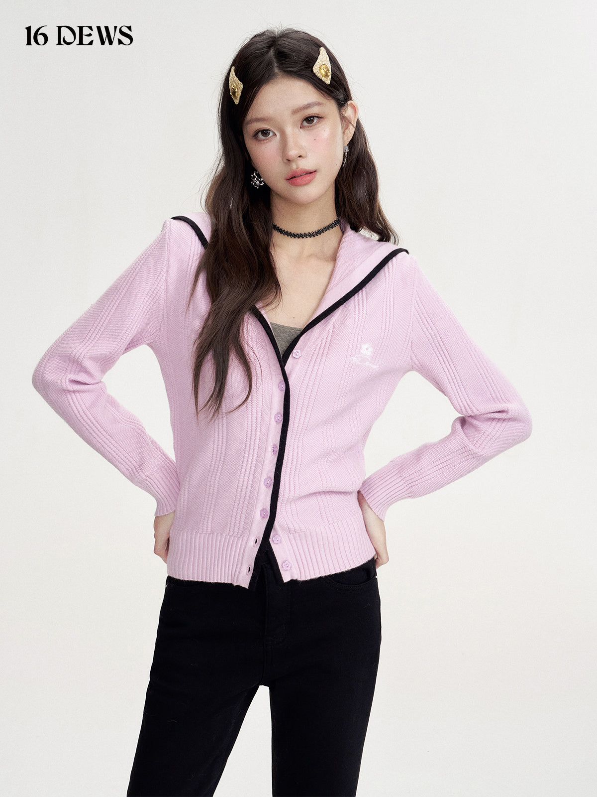 16DEWS 16D24454 Contrasting navy collar cardigan