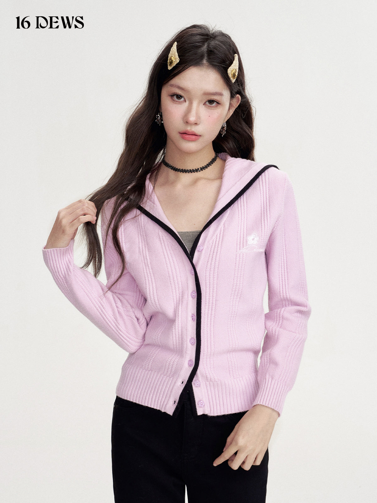 16DEWS 16D24454 Contrasting navy collar cardigan