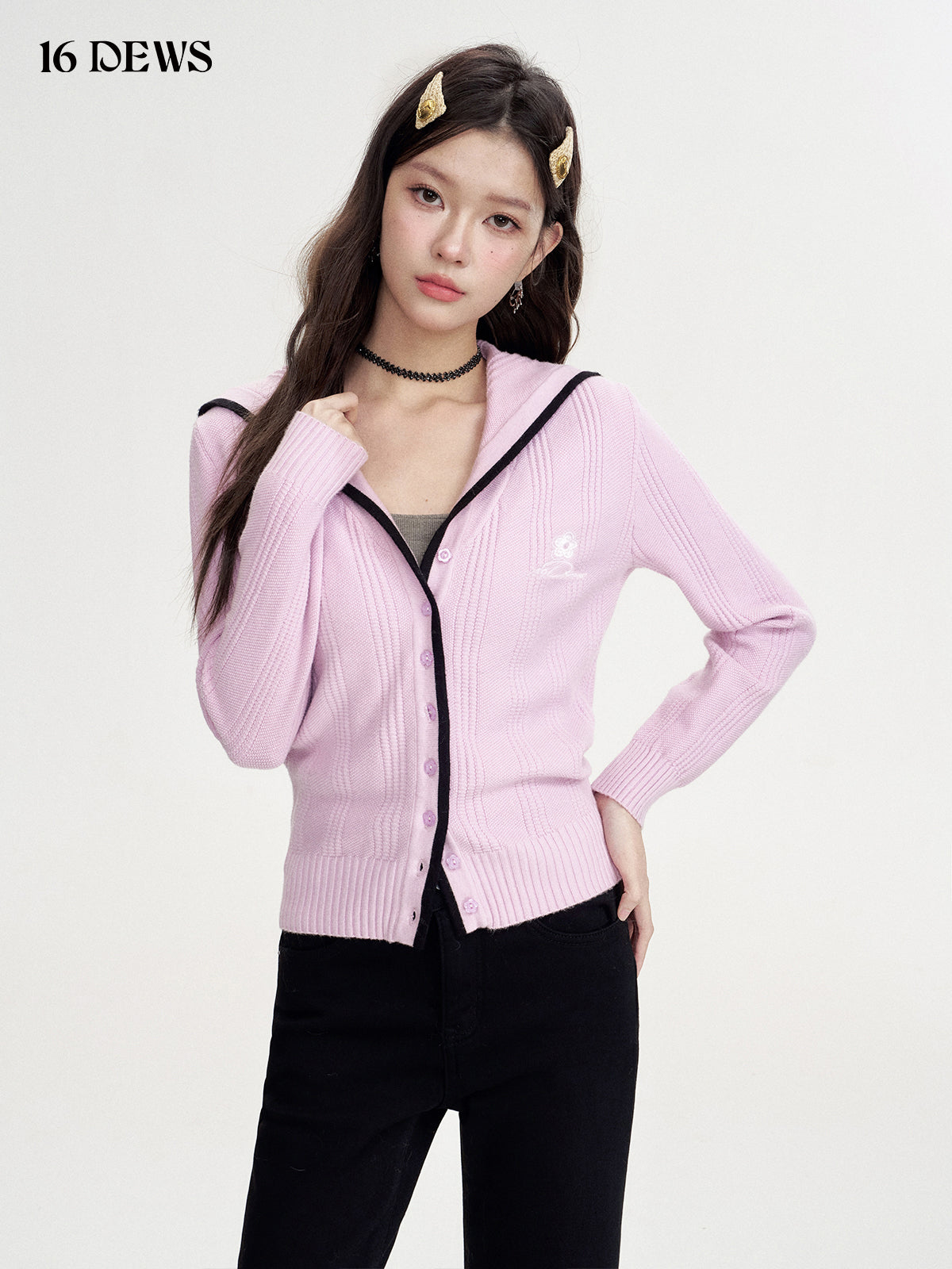 16DEWS 16D24454 Contrasting navy collar cardigan