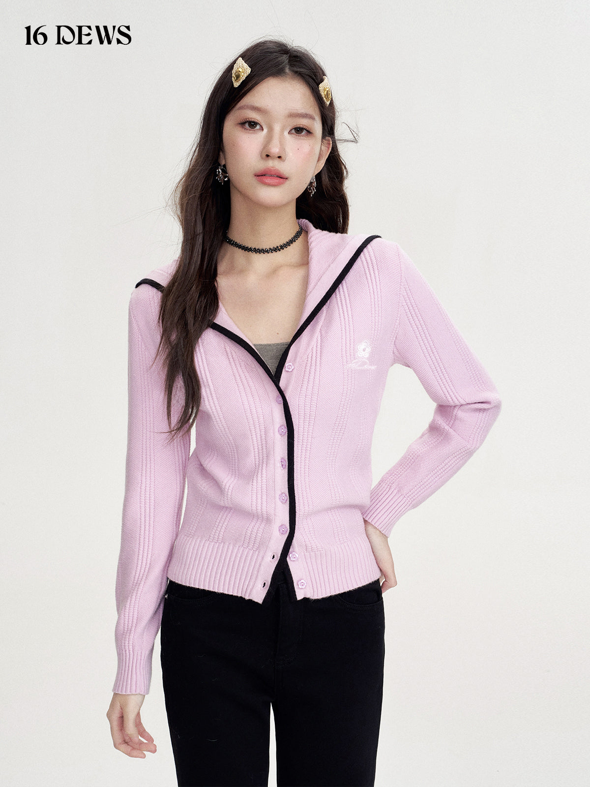 16DEWS 16D24454 Contrasting navy collar cardigan