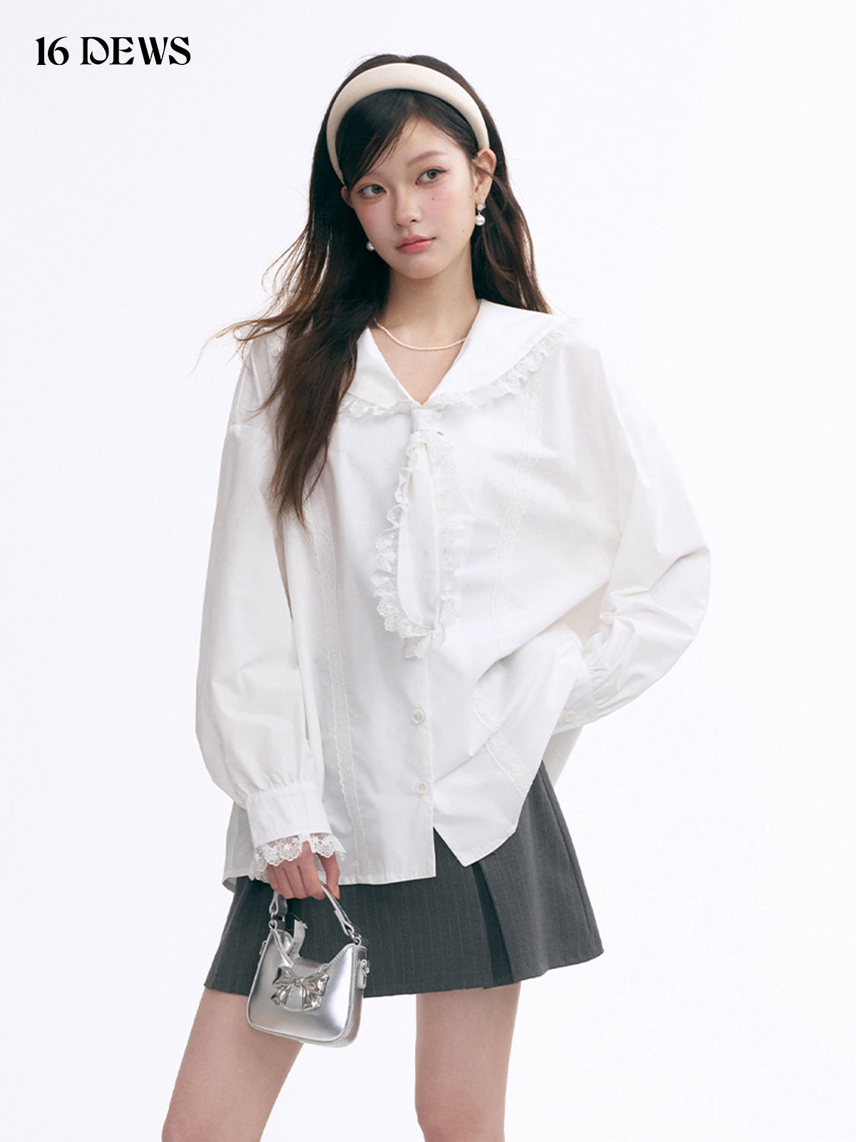 16DEWS 16D25005 Lace patchwork navy collar shirt