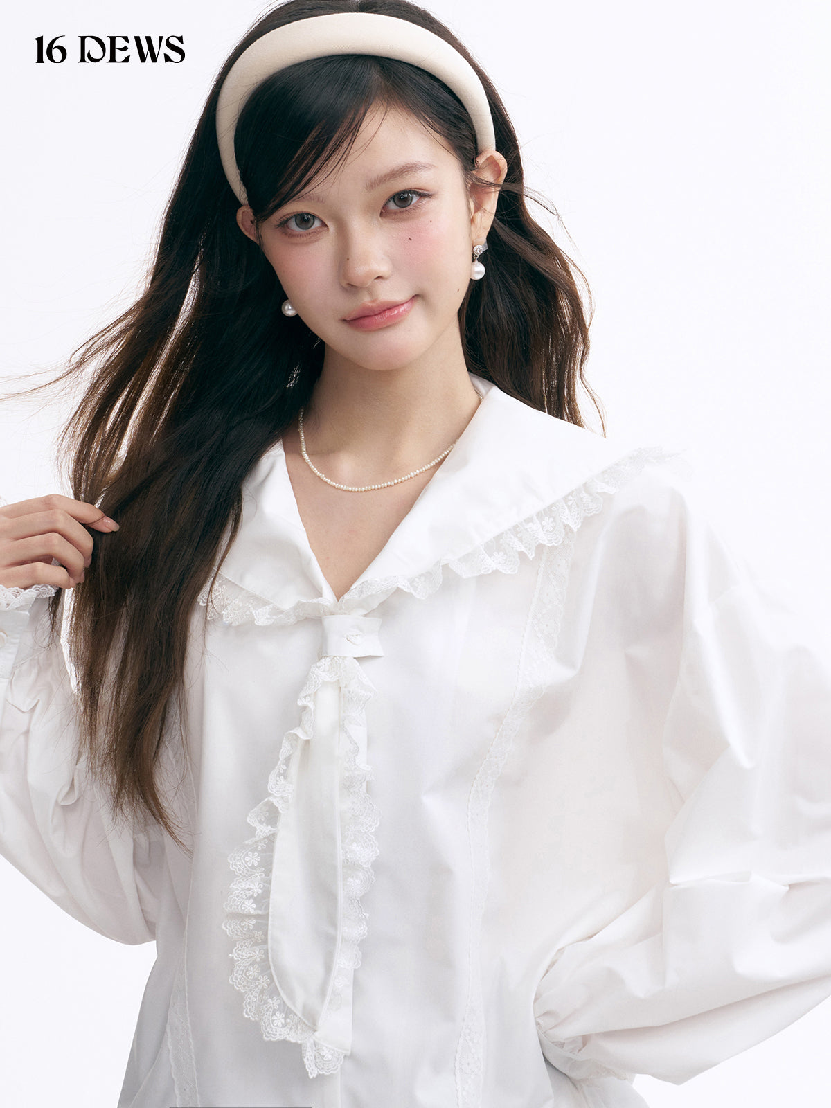 16DEWS 16D25005 Lace patchwork navy collar shirt