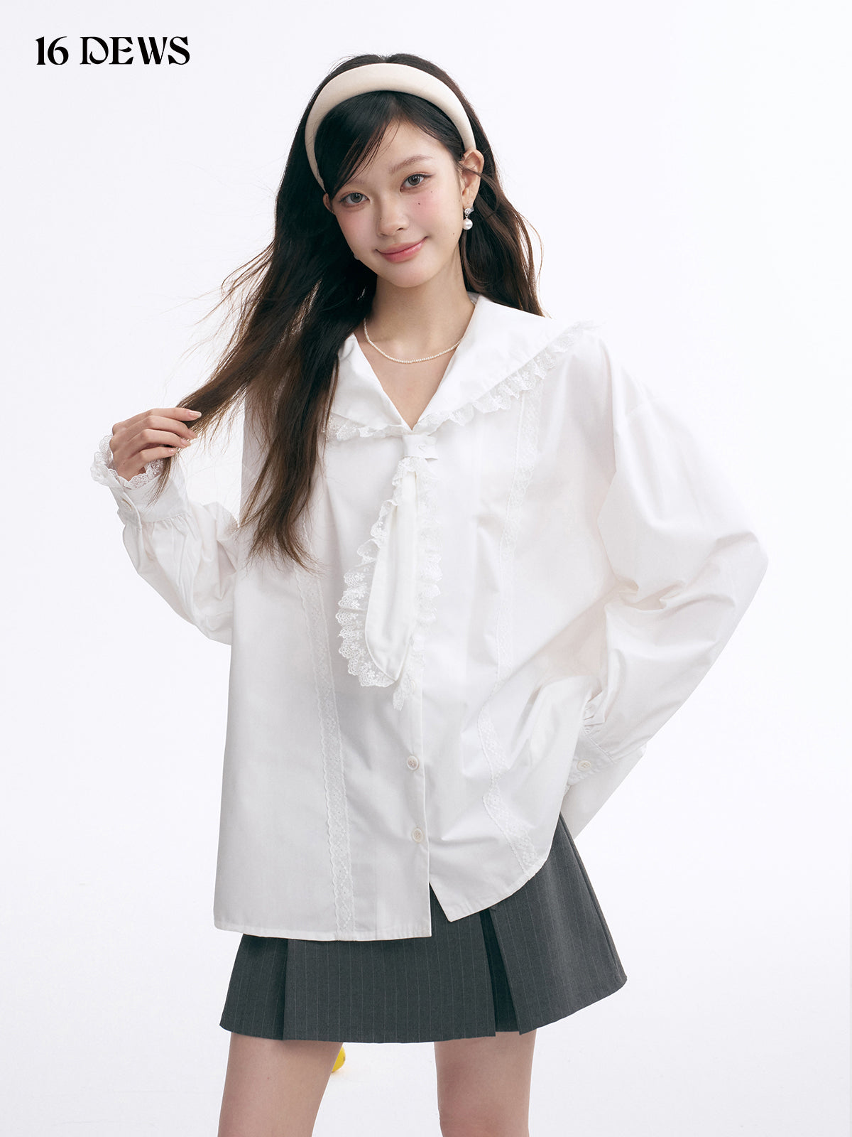 16DEWS 16D25005 Lace patchwork navy collar shirt