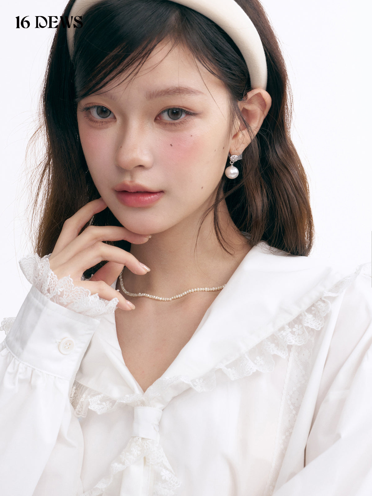 16DEWS 16D25005 Lace patchwork navy collar shirt