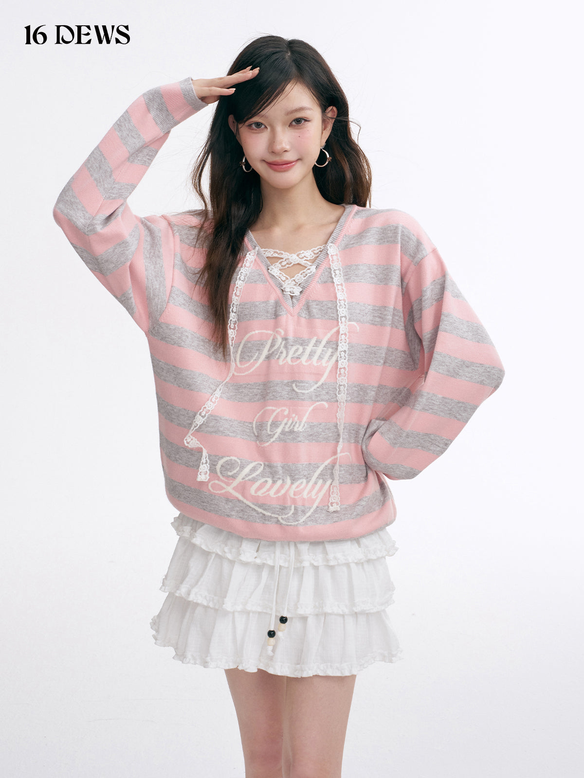 16DEWS 16D25008 V-neck lace tied sweater