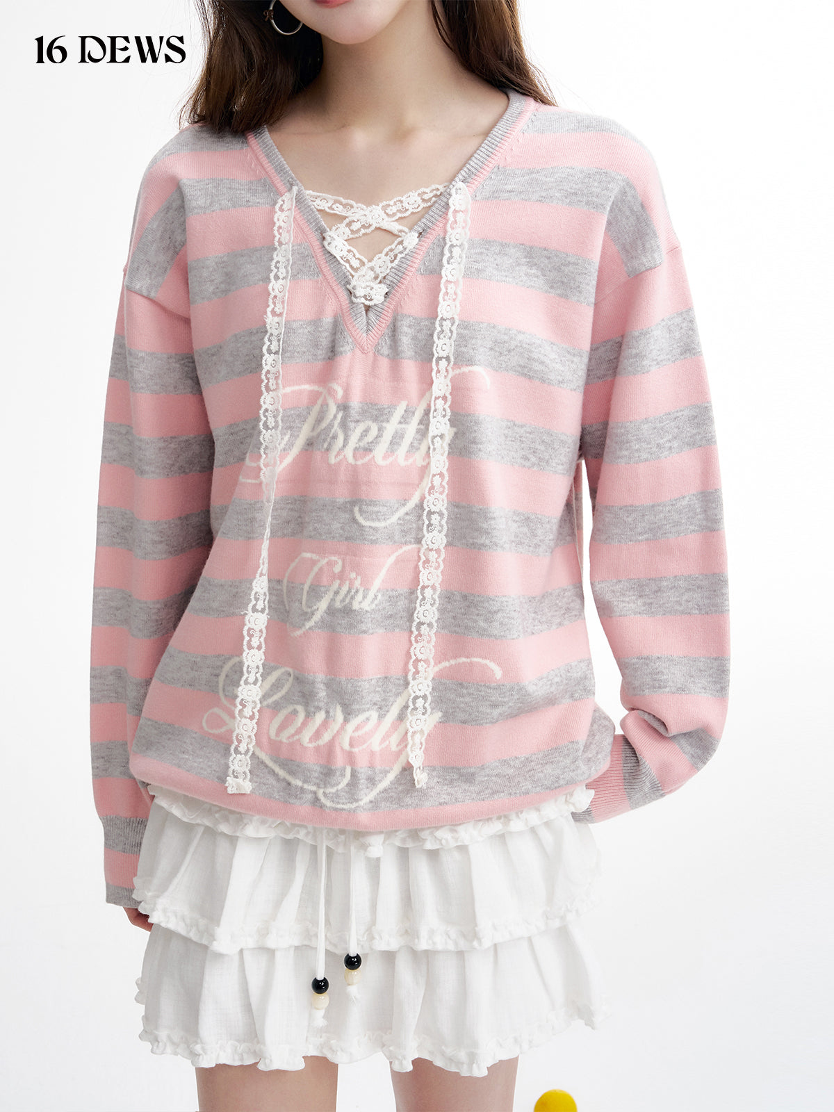16DEWS 16D25008 V-neck lace tied sweater