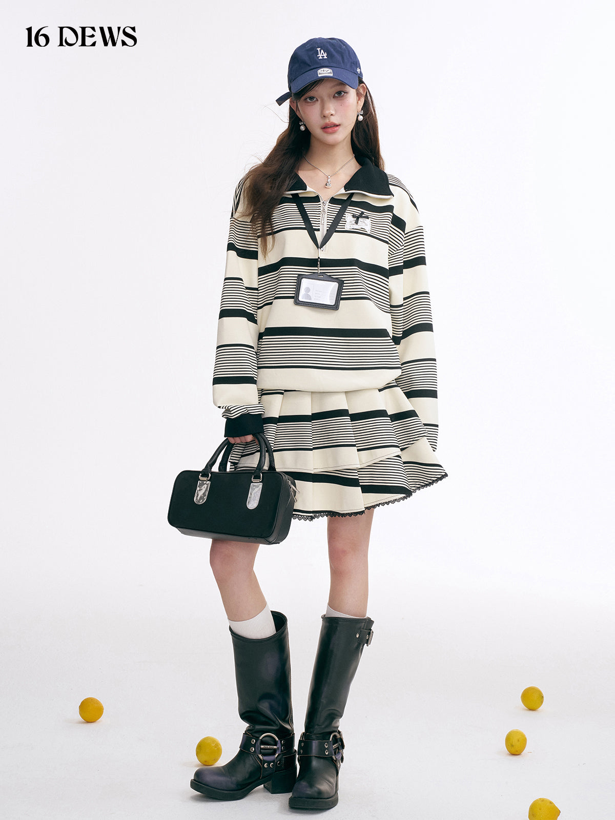 16DEWS 16D25010 Striped Polo collar sweatshirt + skirt set
