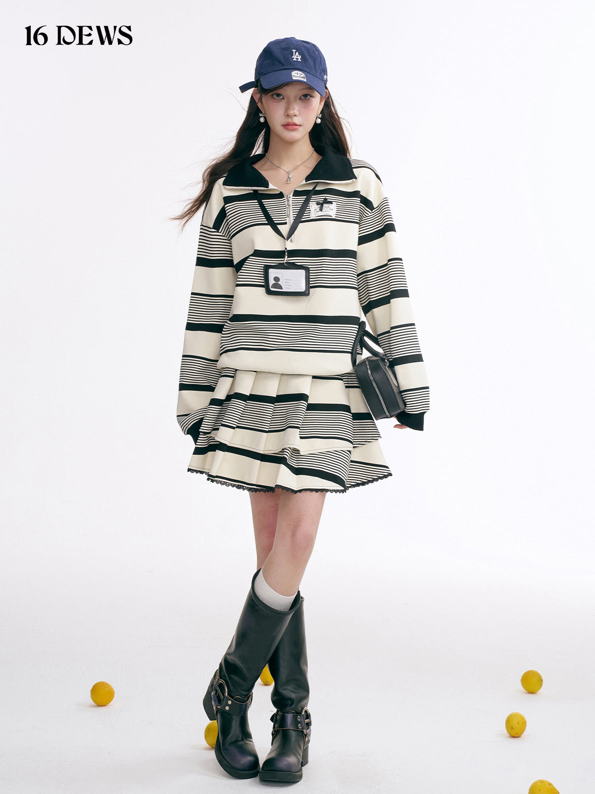 16DEWS 16D25010 Striped Polo collar sweatshirt + skirt set