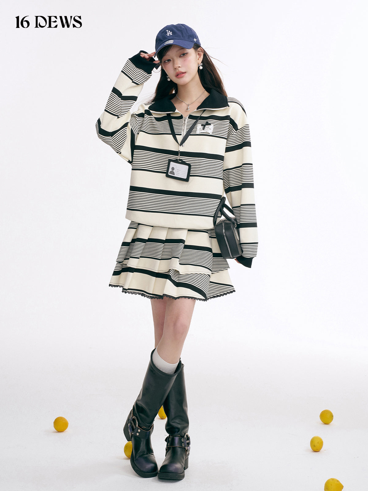 16DEWS 16D25010 Striped Polo collar sweatshirt + skirt set