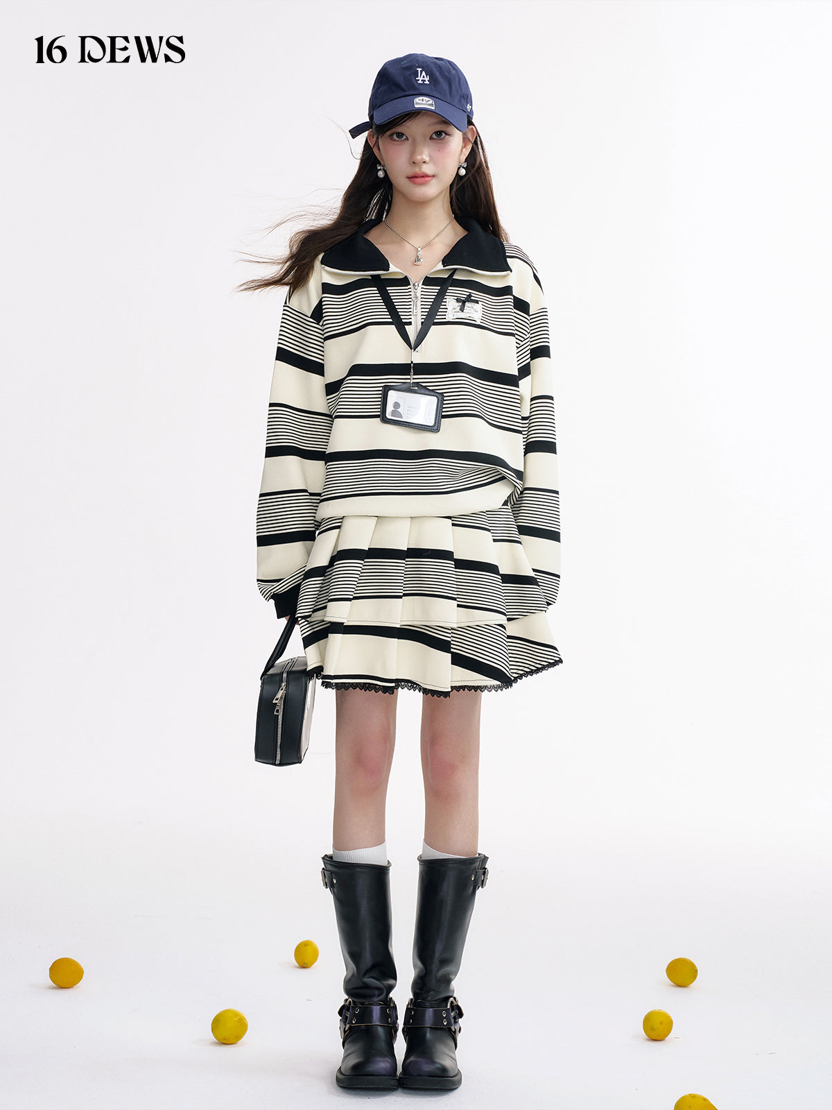 16DEWS 16D25010 Striped Polo collar sweatshirt + skirt set