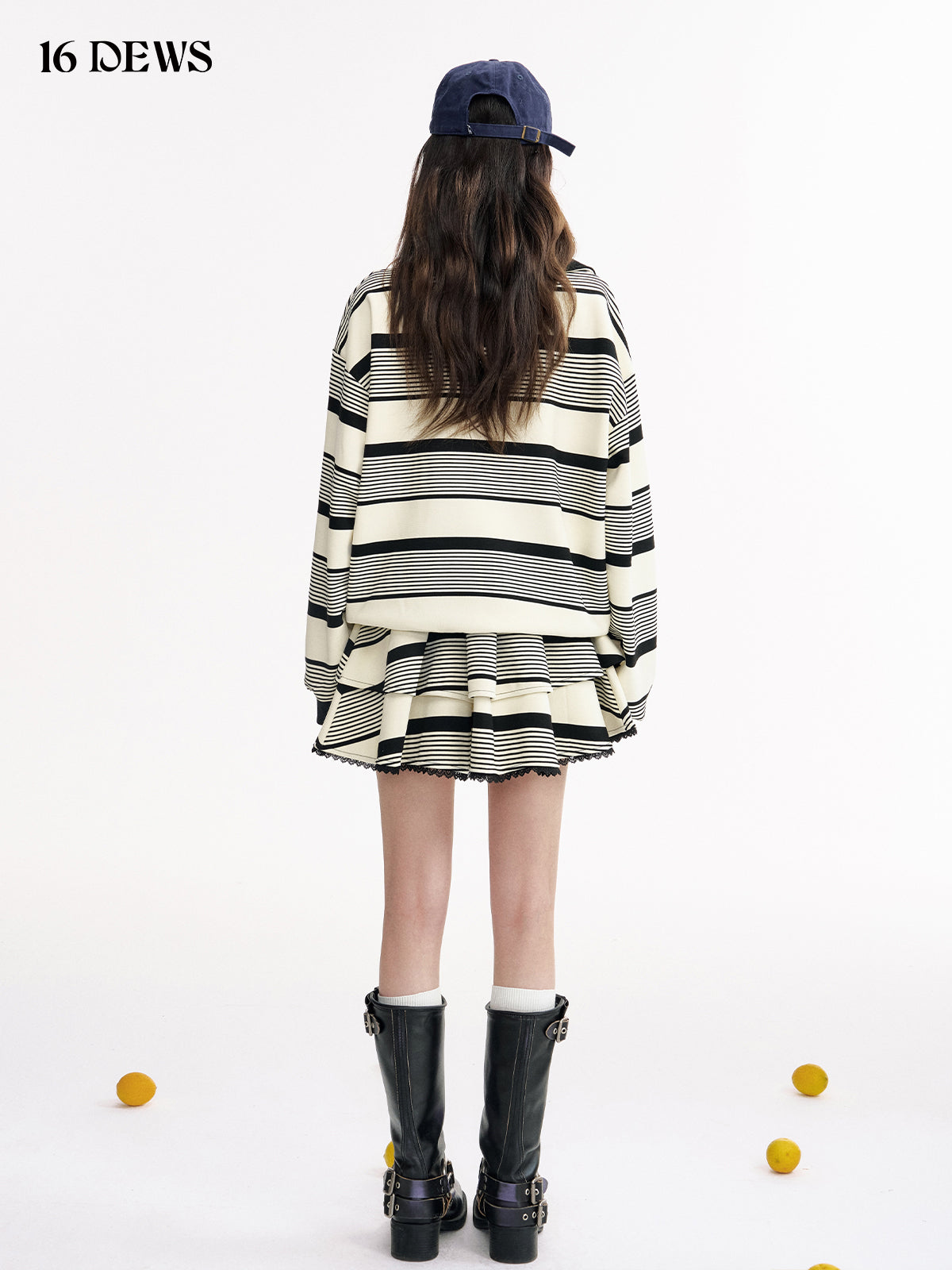 16DEWS 16D25010 Striped Polo collar sweatshirt + skirt set