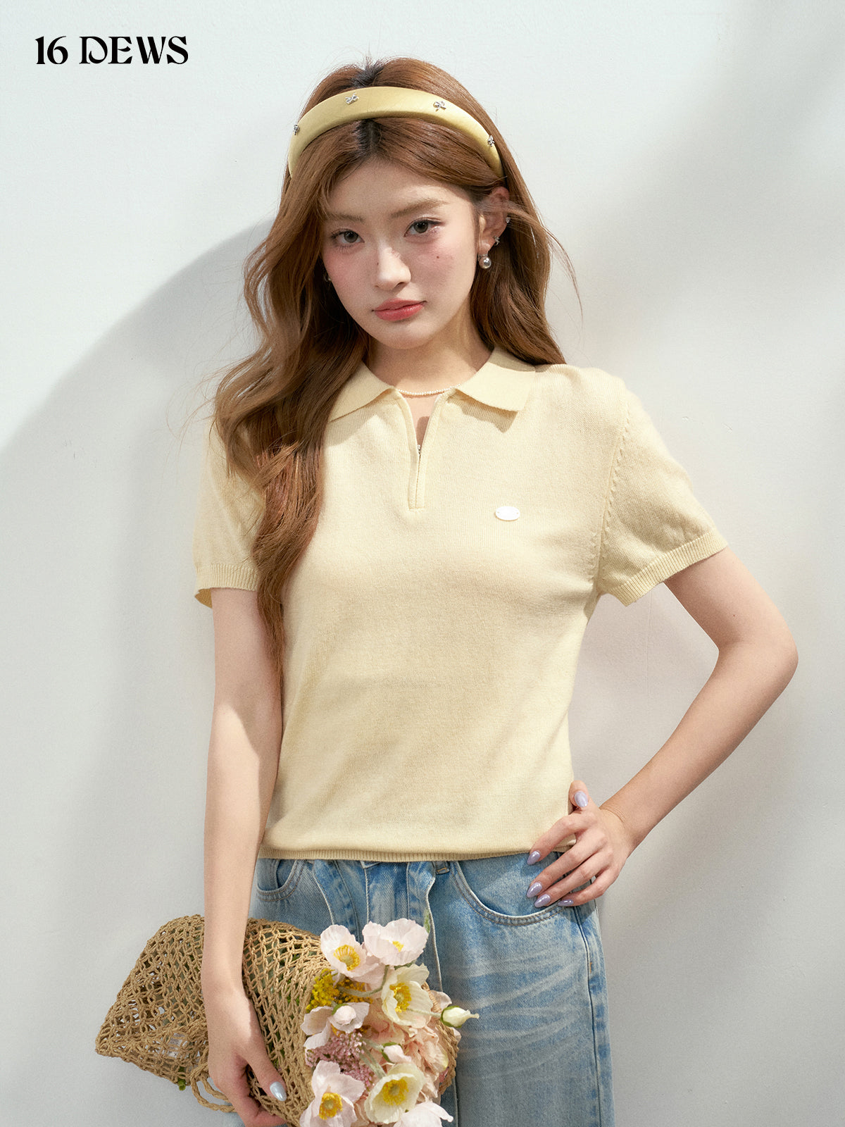 16DEWS 16D25129 Polo collar zipper short sleeved knitted sweater