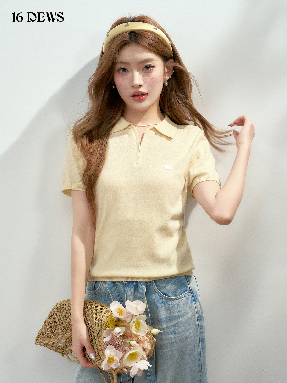 16DEWS 16D25129 Polo collar zipper short sleeved knitted sweater