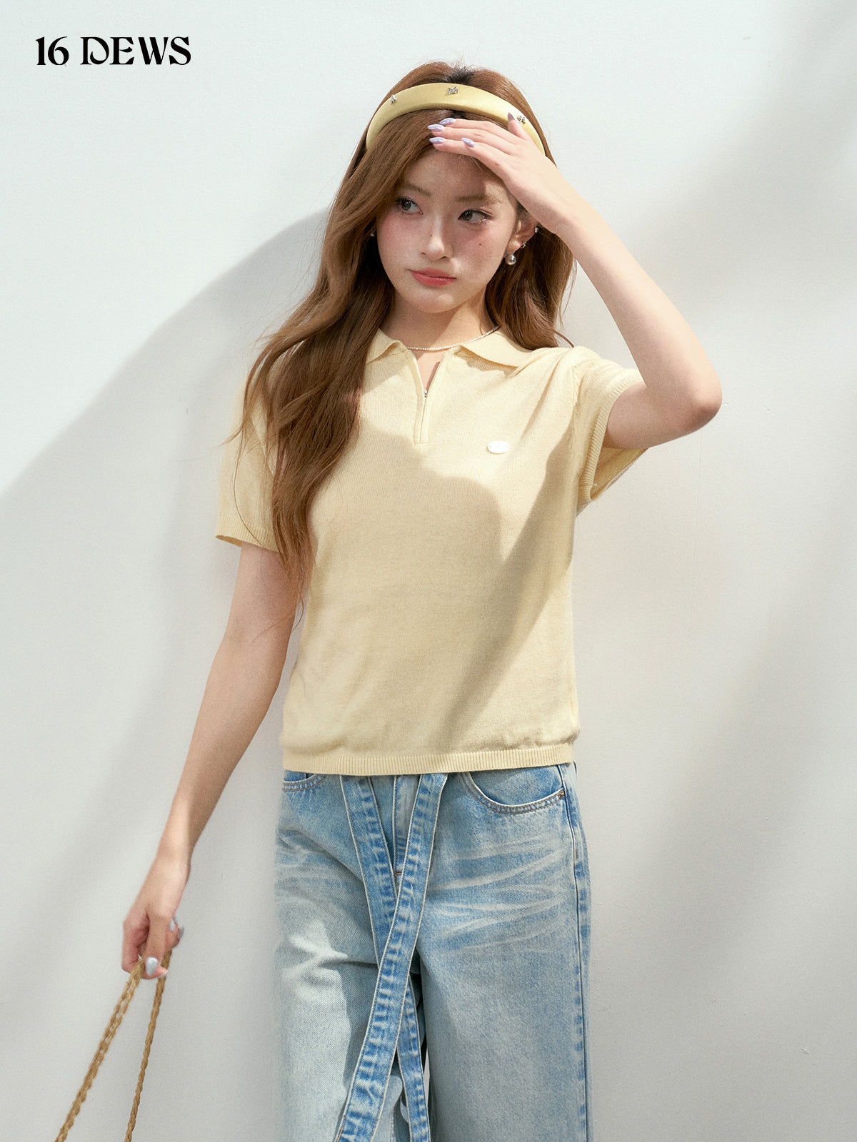 16DEWS 16D25129 Polo collar zipper short sleeved knitted sweater