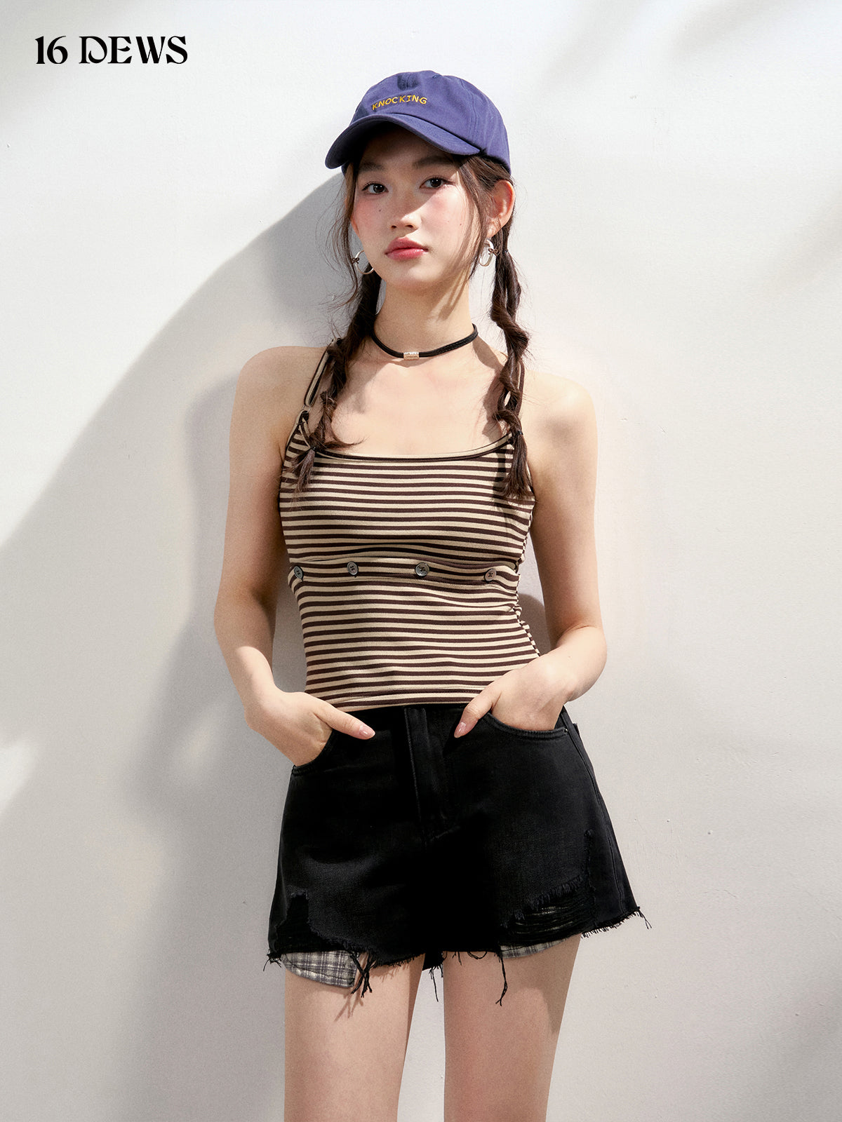 16DEWS 16D25137 Fake two piece patchwork plaid denim shorts (2color)