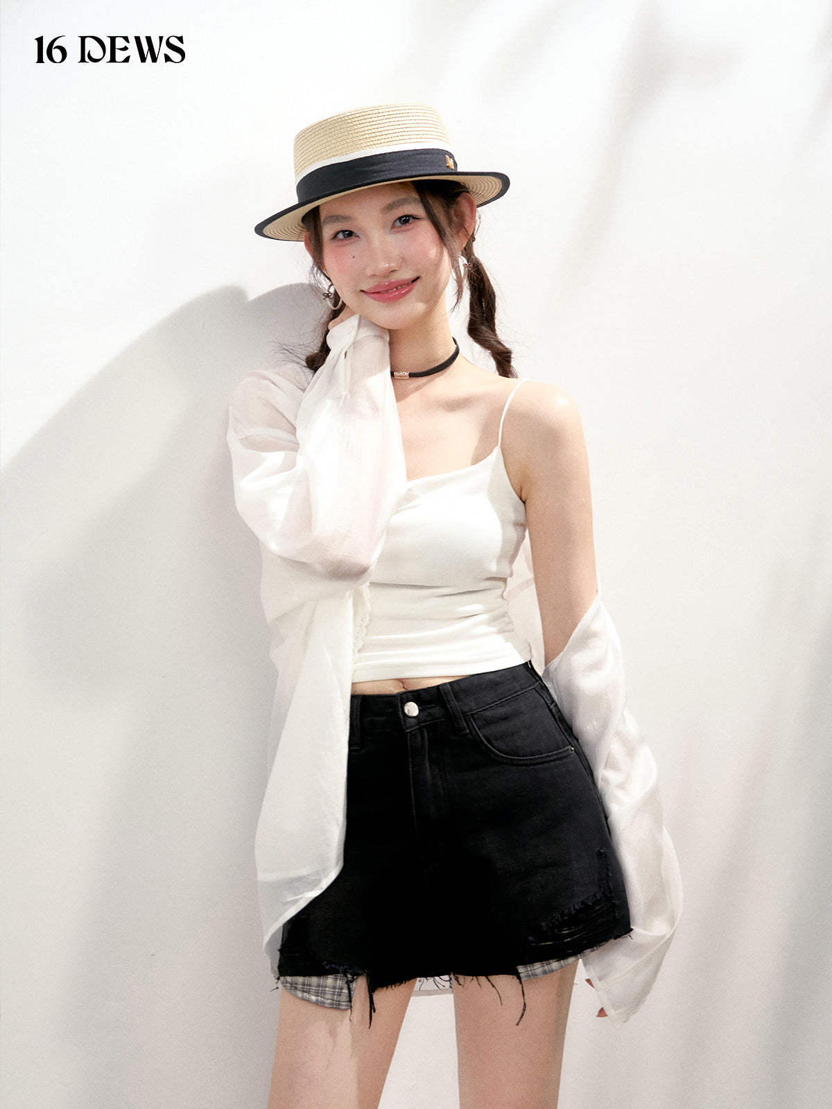 16DEWS 16D25137 Fake two piece patchwork plaid denim shorts (2color)